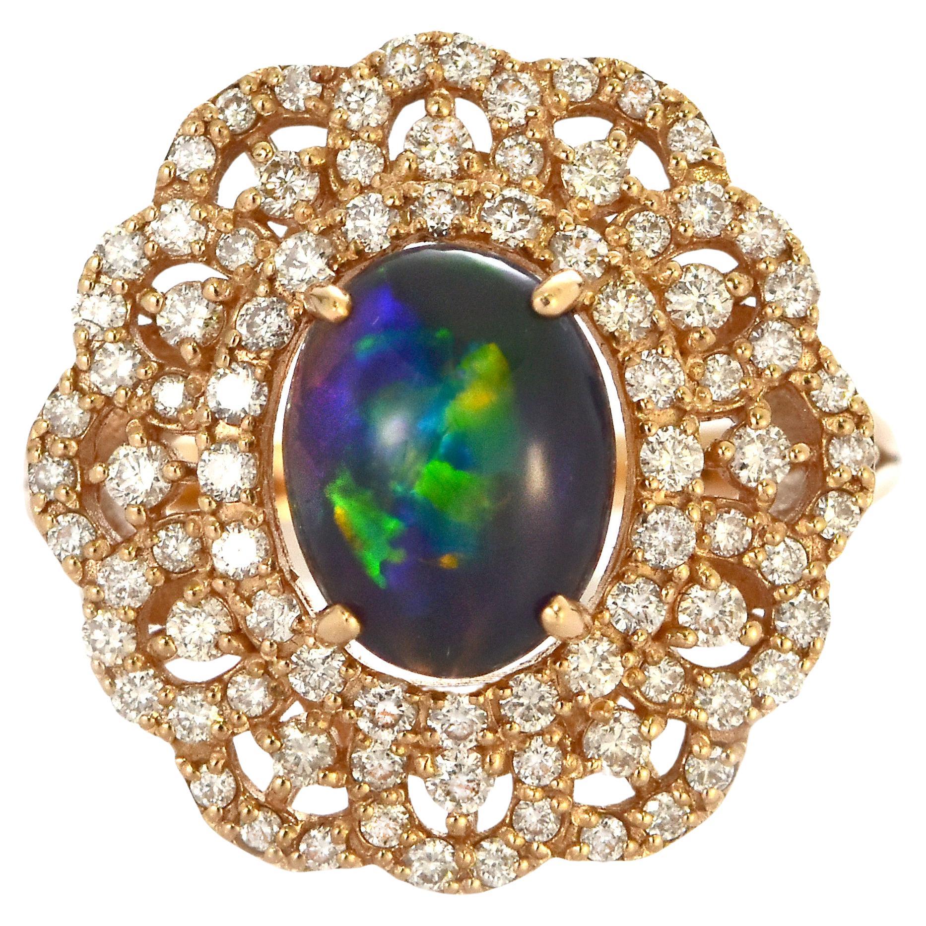 1.27 Carat Australian Lightning Ridge Black Opal Ring Made in 18K Rose Gold