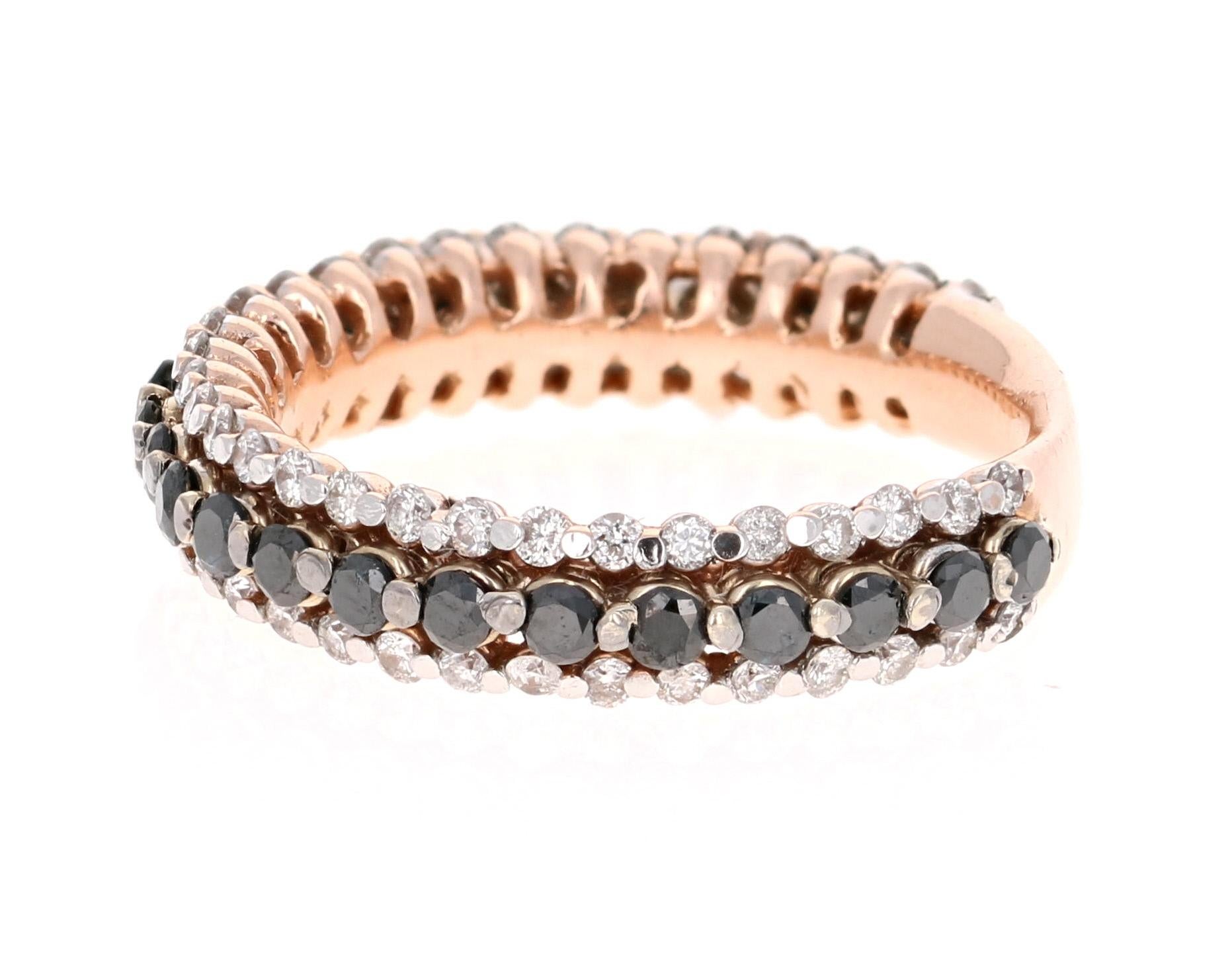 Contemporary 1.27 Carat Black and White Diamond Band 14 Karat Rose Gold For Sale