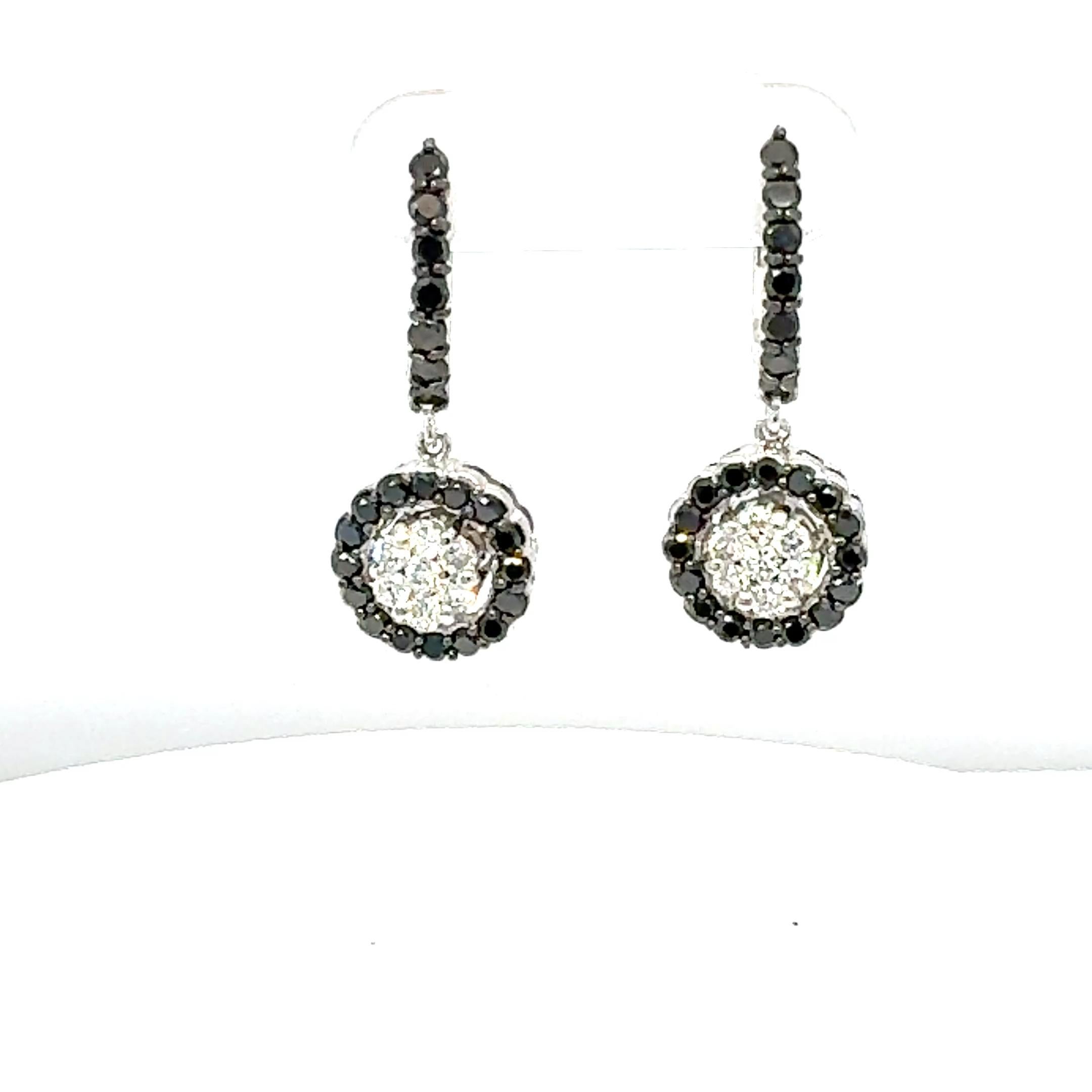 1,27 Karat schwarzer und weißer Diamant baumelnder Hebel 14K Gold Ohrringe (Rundschliff) im Angebot