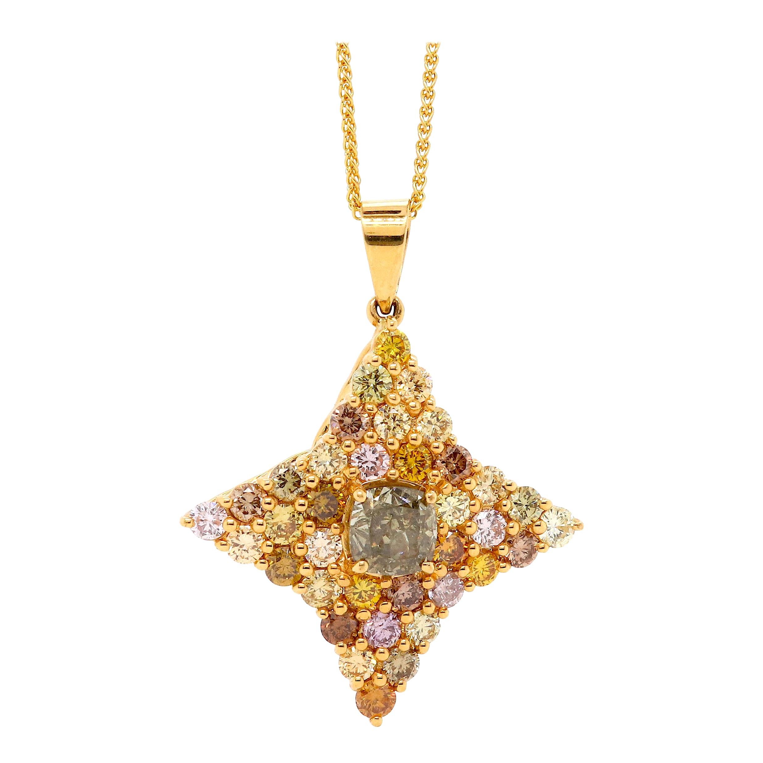 3.33 Carat Round MultiColor, Yellow, and White Diamond Pendant 18