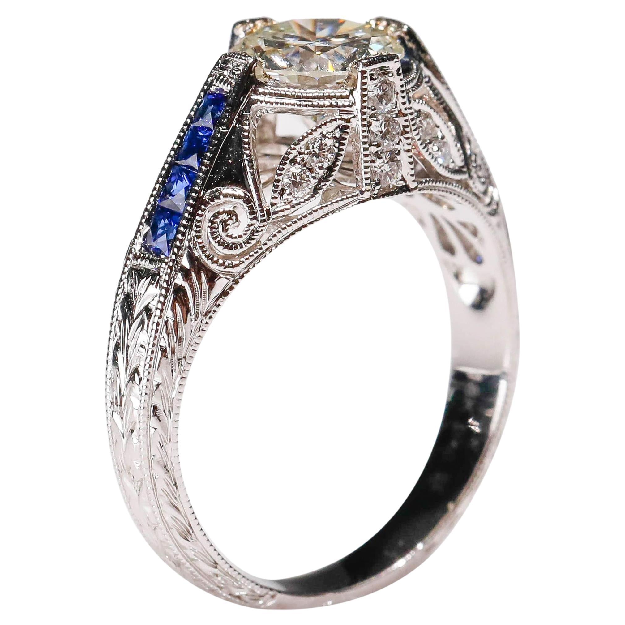 1,27 Karat Diamant und Saphir Halo Ring 18 Karat Weißgold Fein im Angebot