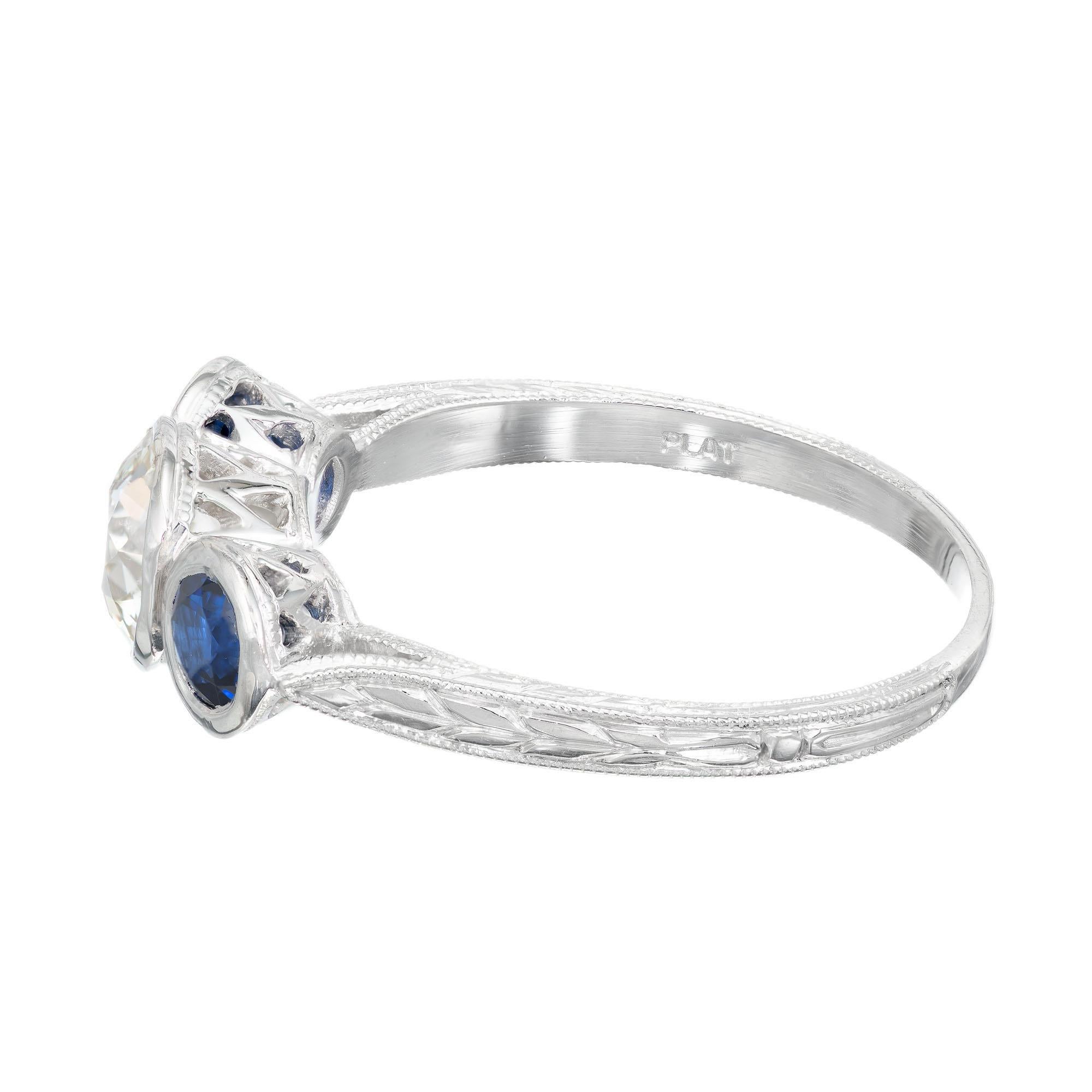 1.27 Carat Diamond Sapphire Pierce Three-Stone Art Deco Engagement Ring Bon état - En vente à Stamford, CT