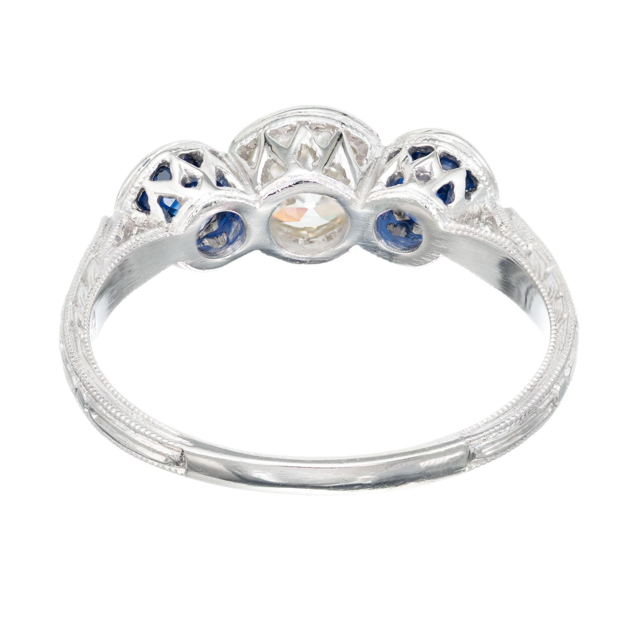1.27 Carat Diamond Sapphire Pierce Three-Stone Art Deco Engagement Ring Pour femmes en vente