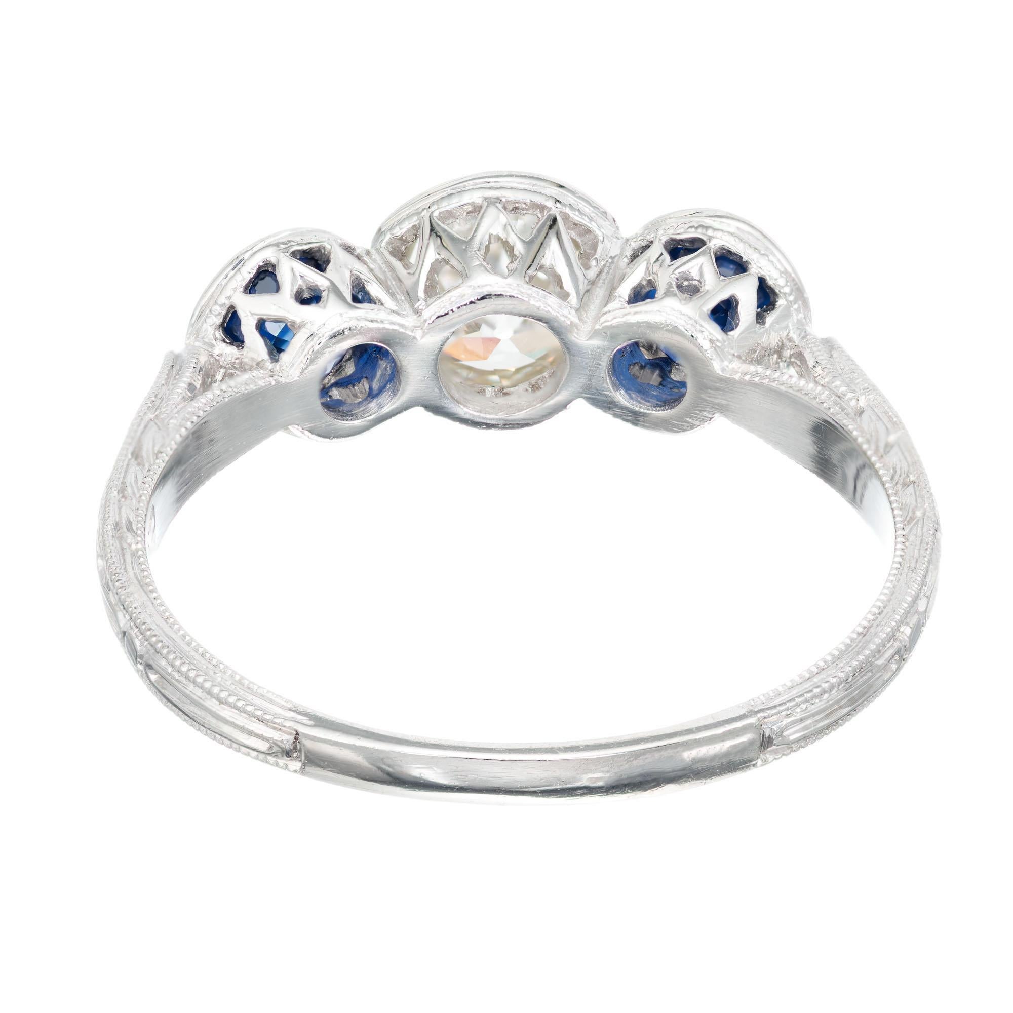 1,27 Karat Diamant Saphir durchbohrt Drei-Stein Art Deco Verlobungsring Damen