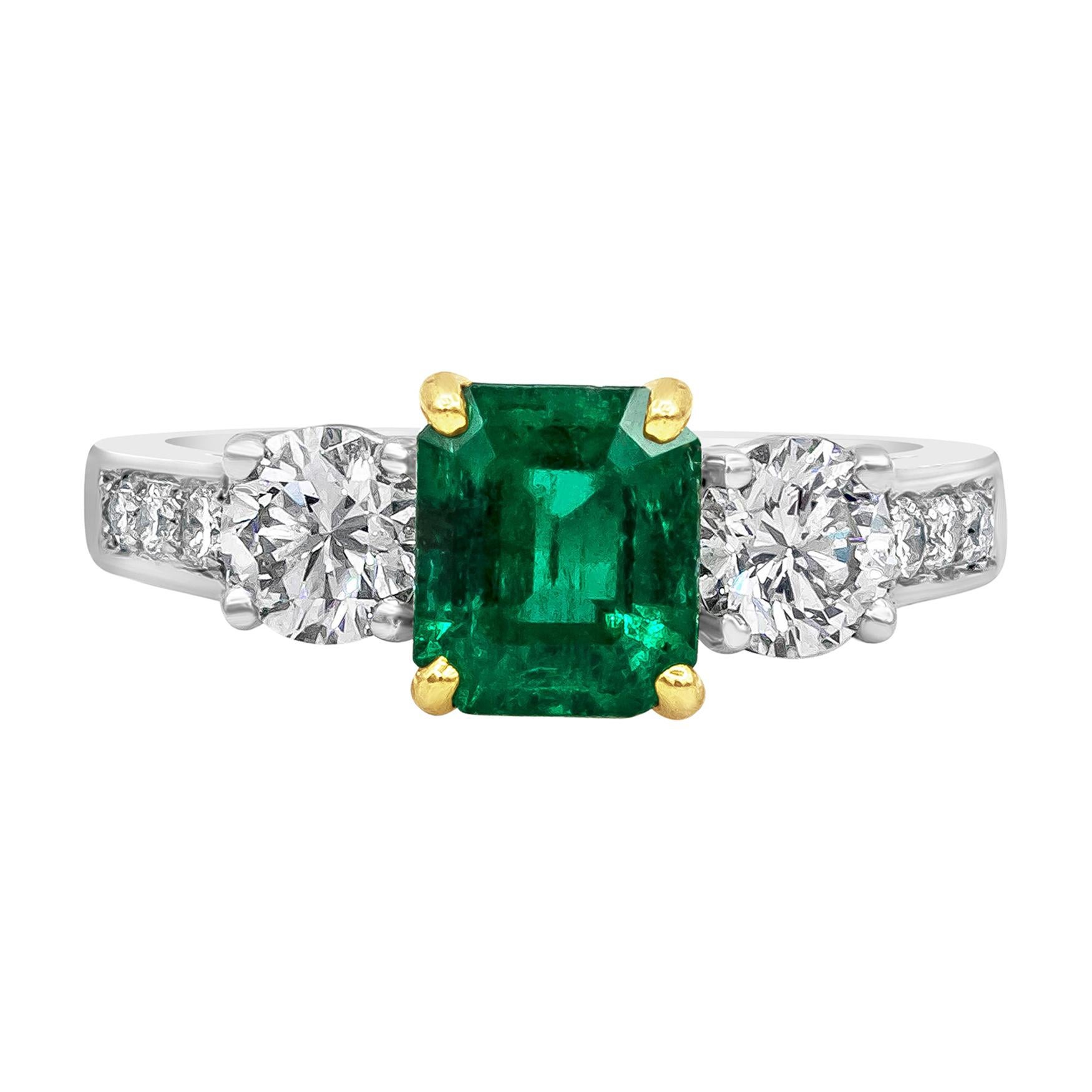 1.27 Carats Radiant Cut Green Emerald & Diamond Three-Stone Engagement Ring For Sale