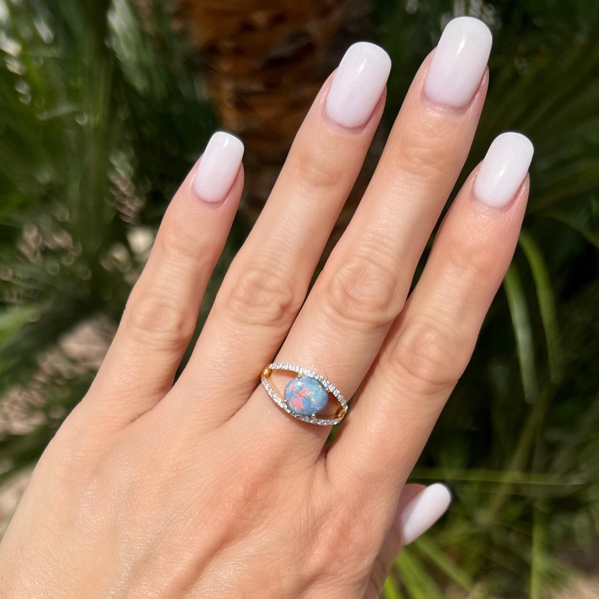 Arts and Crafts 1.27 Carat Lightning Ridge Opal and Diamond Gold Cocktail Ring For Sale