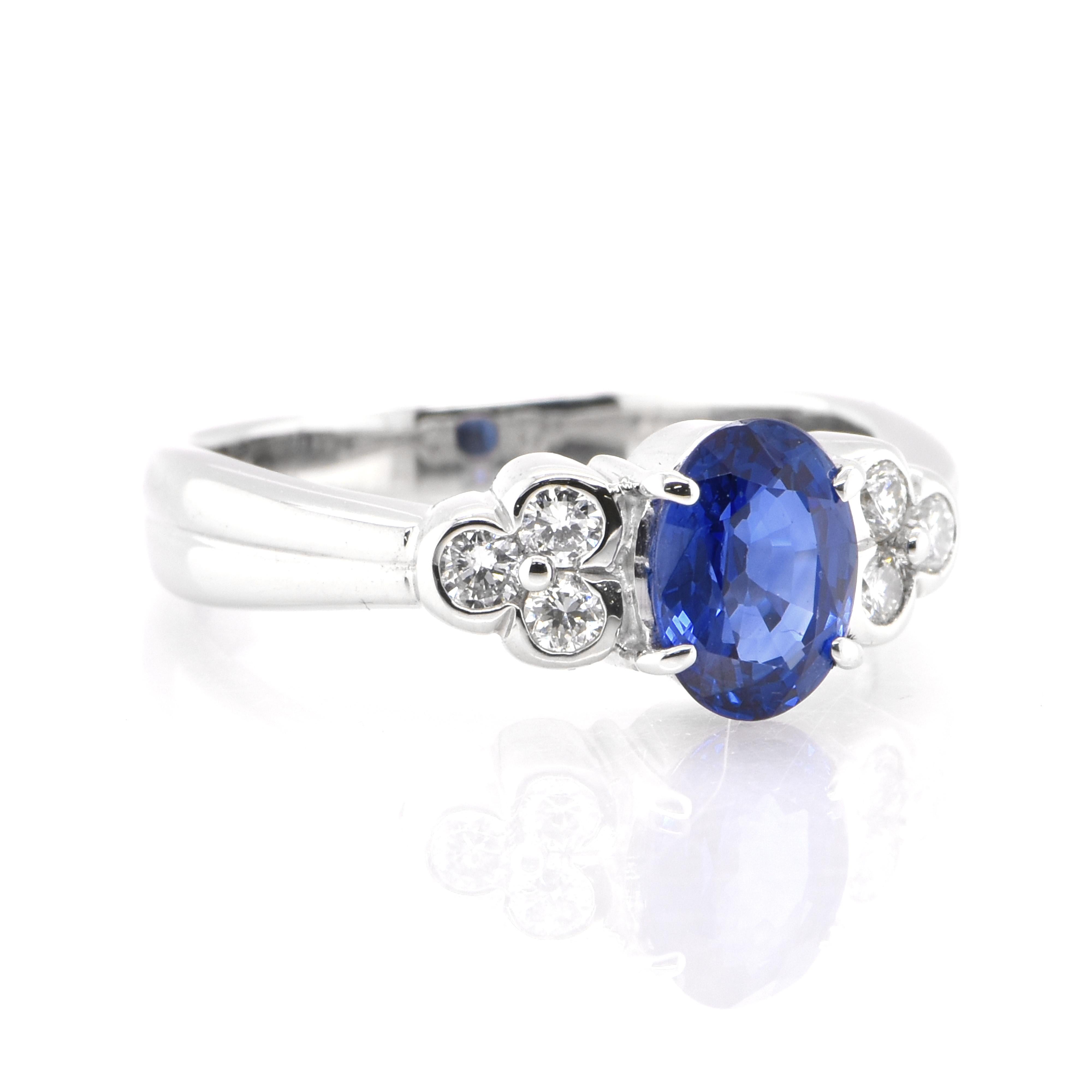 A beautiful ring featuring 1.27 Carat, Natural Sapphire and 0.21 carats Diamond Accents set in Platinum. Sapphires have extraordinary durability - they excel in hardness as well as toughness and durability making them very popular in jewelry.