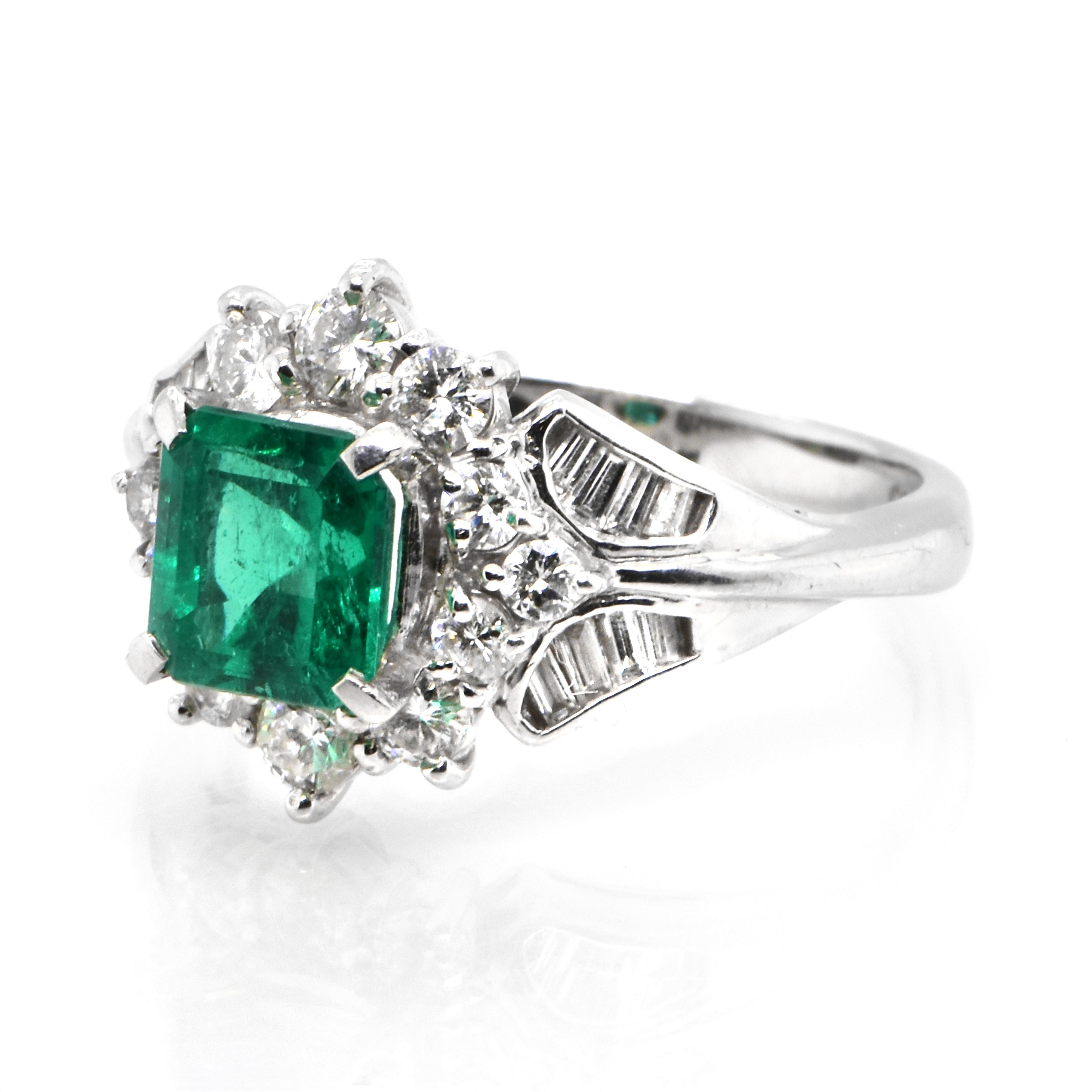 A stunning ring featuring a 1.27 Carat Natural Emerald and 0.75 Carats of Diamond Accents set in Platinum. People have admired emerald’s green for thousands of years. Emeralds have always been associated with the lushest landscapes and the richest