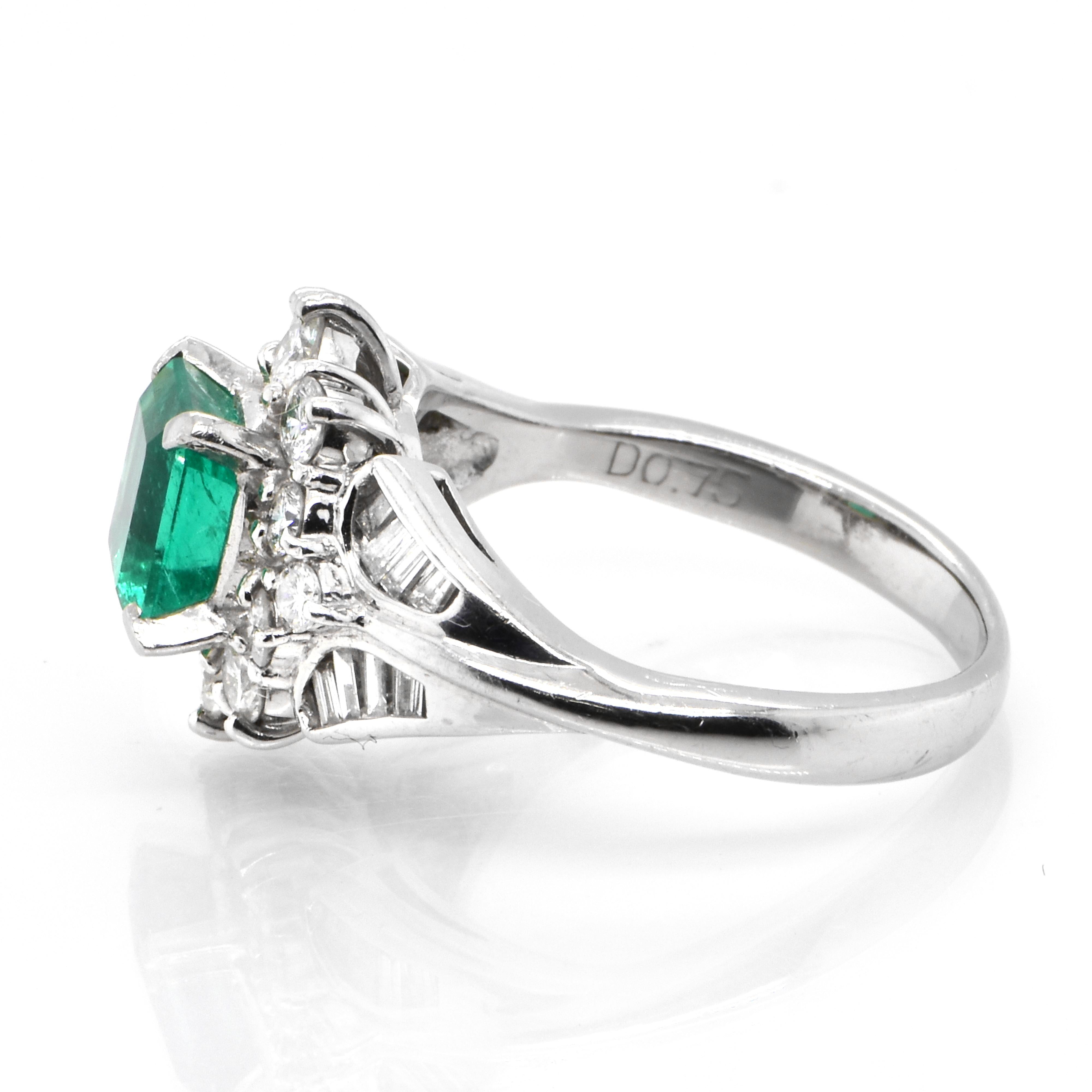 Emerald Cut 1.27 Carat Natural Colombian Emerald and Diamond Ring Made in Platinum For Sale