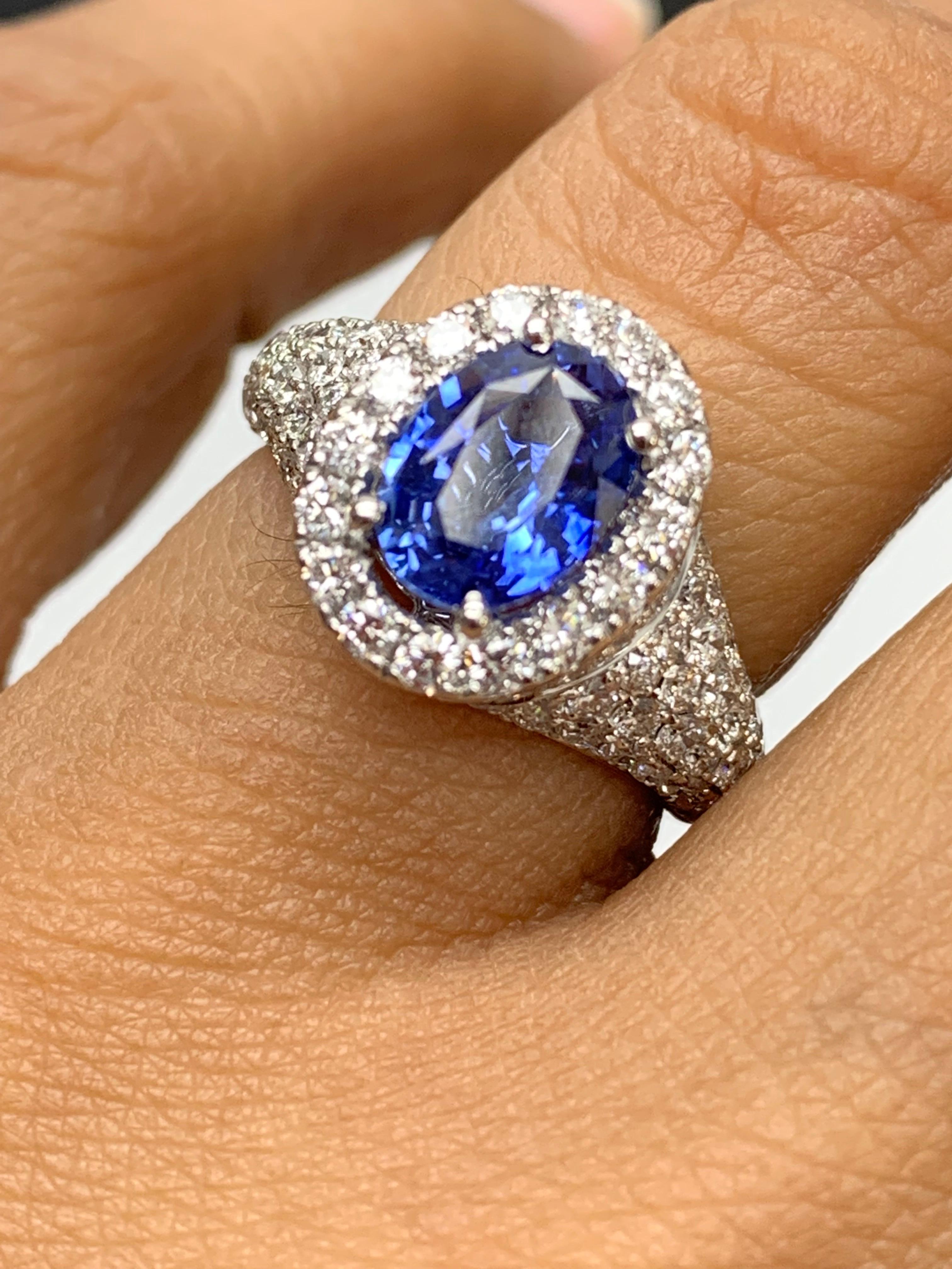 1.27 Carat Oval Cut Blue Sapphire and Diamond Fashion Ring in 18K White Gold For Sale 5