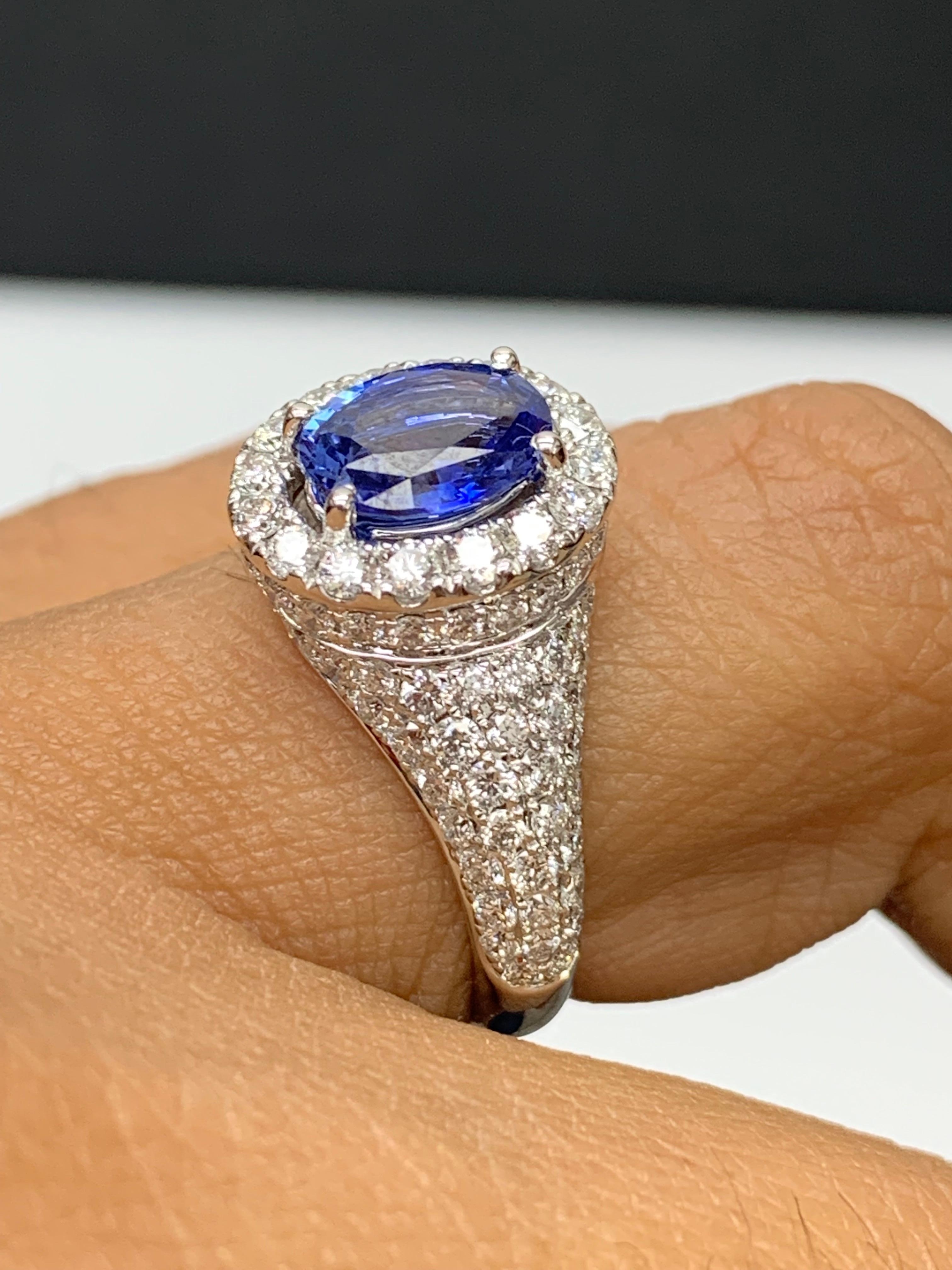 1.27 Carat Oval Cut Blue Sapphire and Diamond Fashion Ring in 18K White Gold For Sale 6
