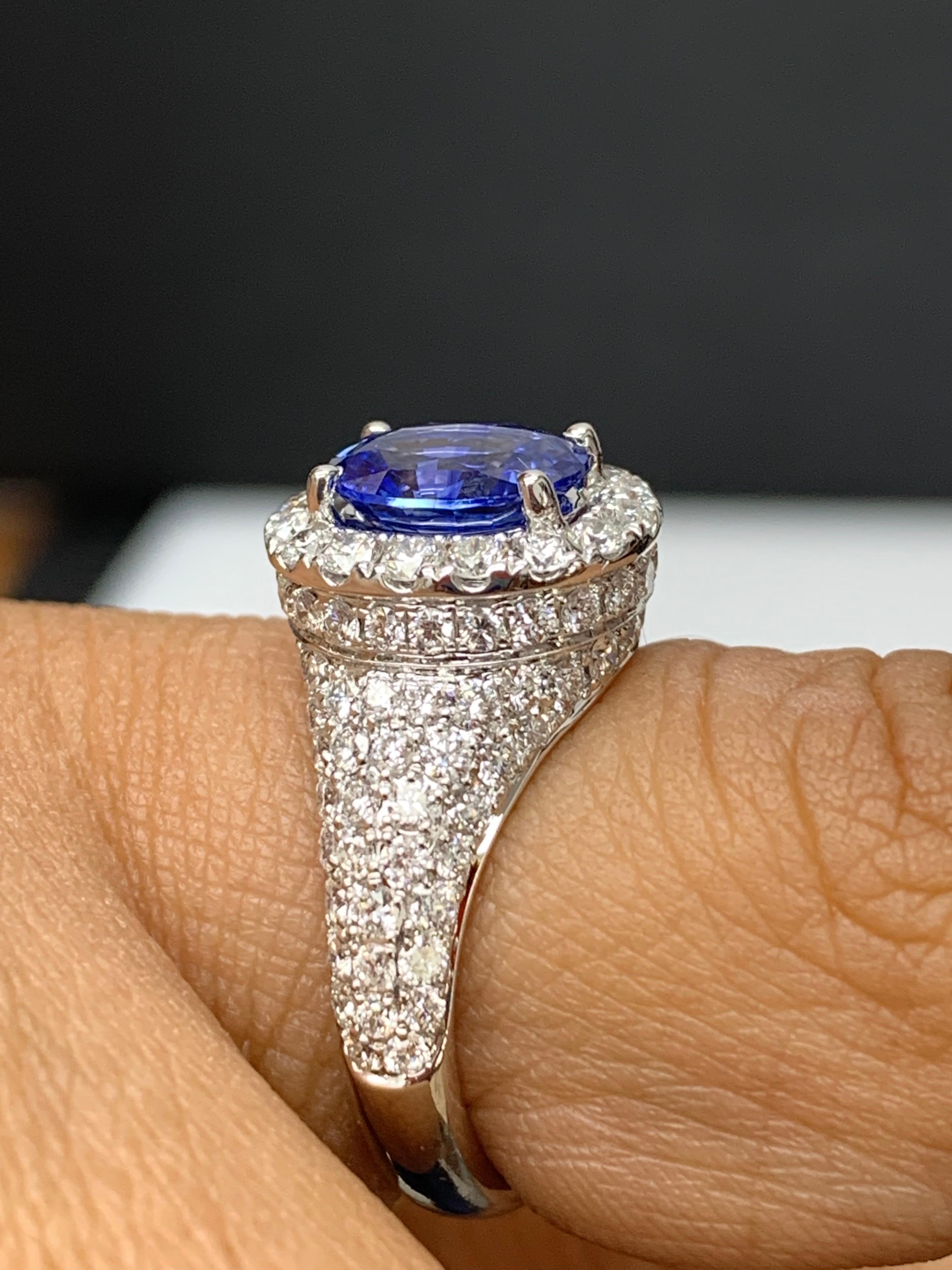 1.27 Carat Oval Cut Blue Sapphire and Diamond Fashion Ring in 18K White Gold For Sale 8
