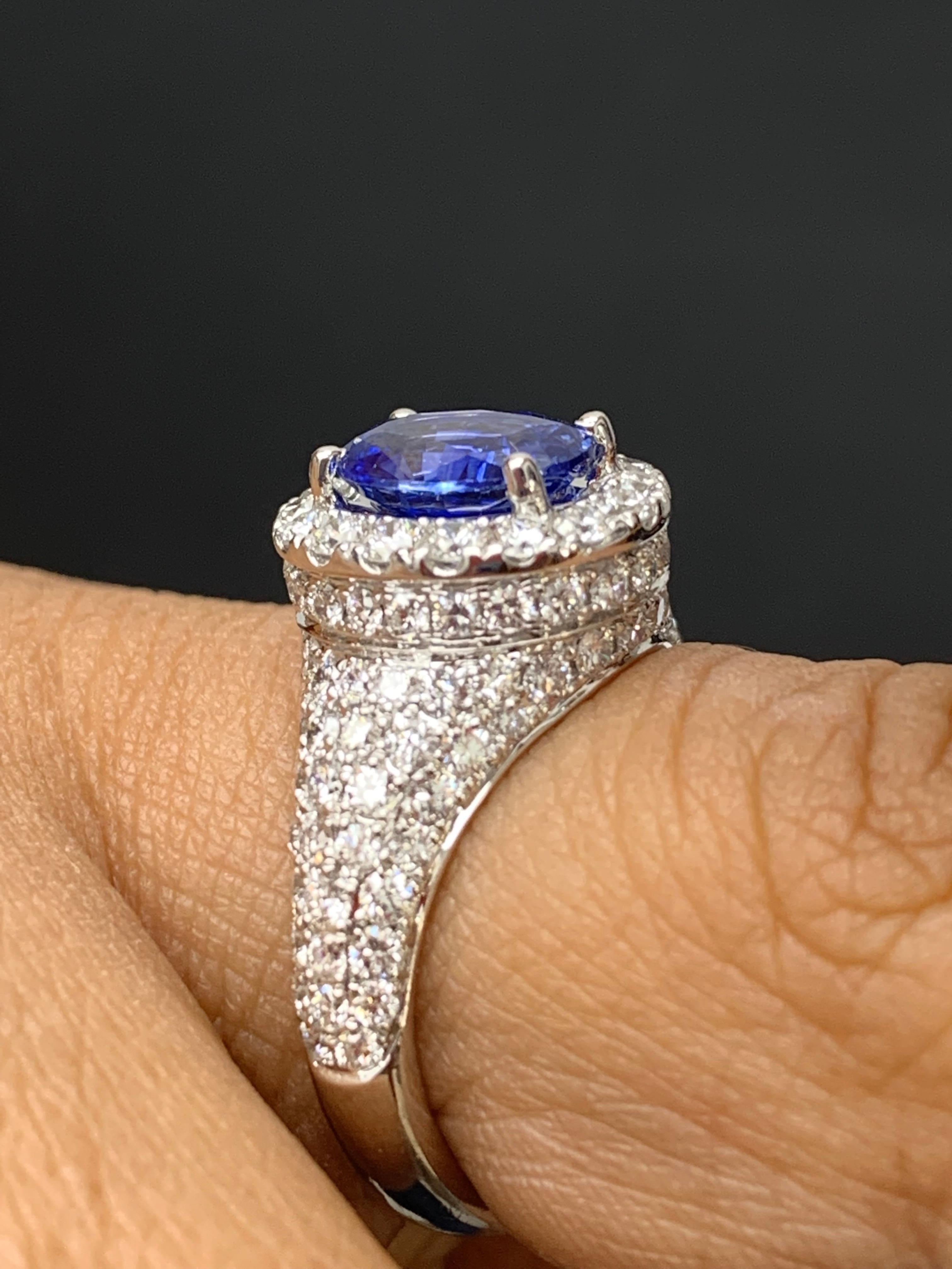 1.27 Carat Oval Cut Blue Sapphire and Diamond Fashion Ring in 18K White Gold For Sale 9