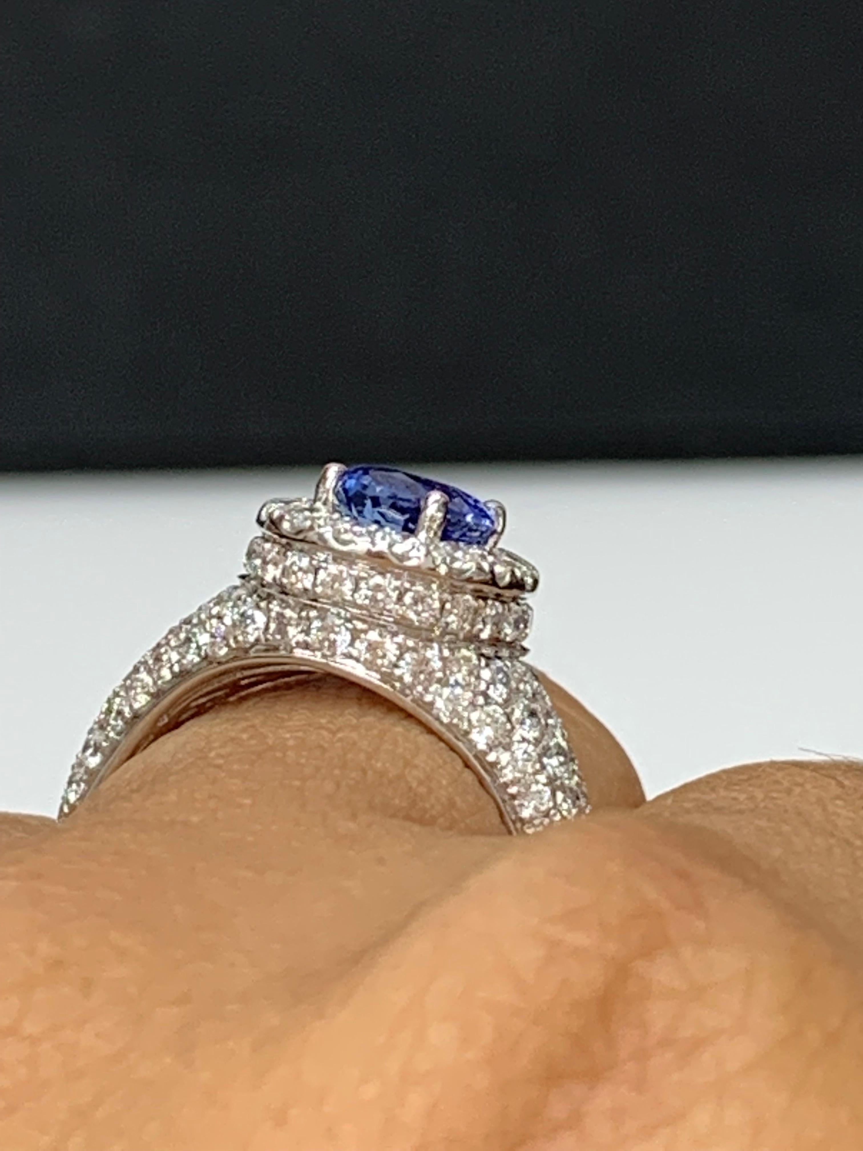 1.27 Carat Oval Cut Blue Sapphire and Diamond Fashion Ring in 18K White Gold For Sale 14