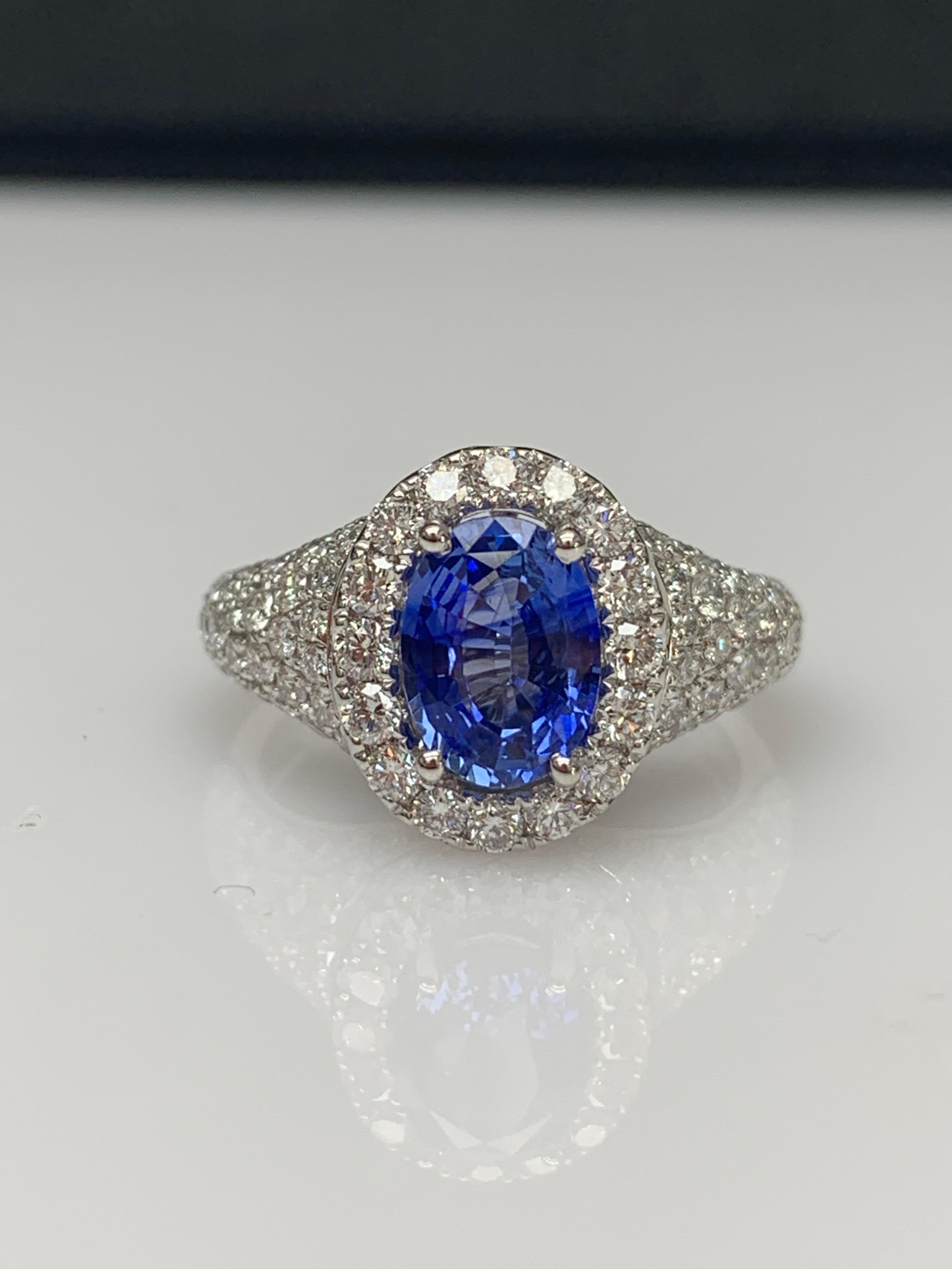 Modern 1.27 Carat Oval Cut Blue Sapphire and Diamond Fashion Ring in 18K White Gold For Sale