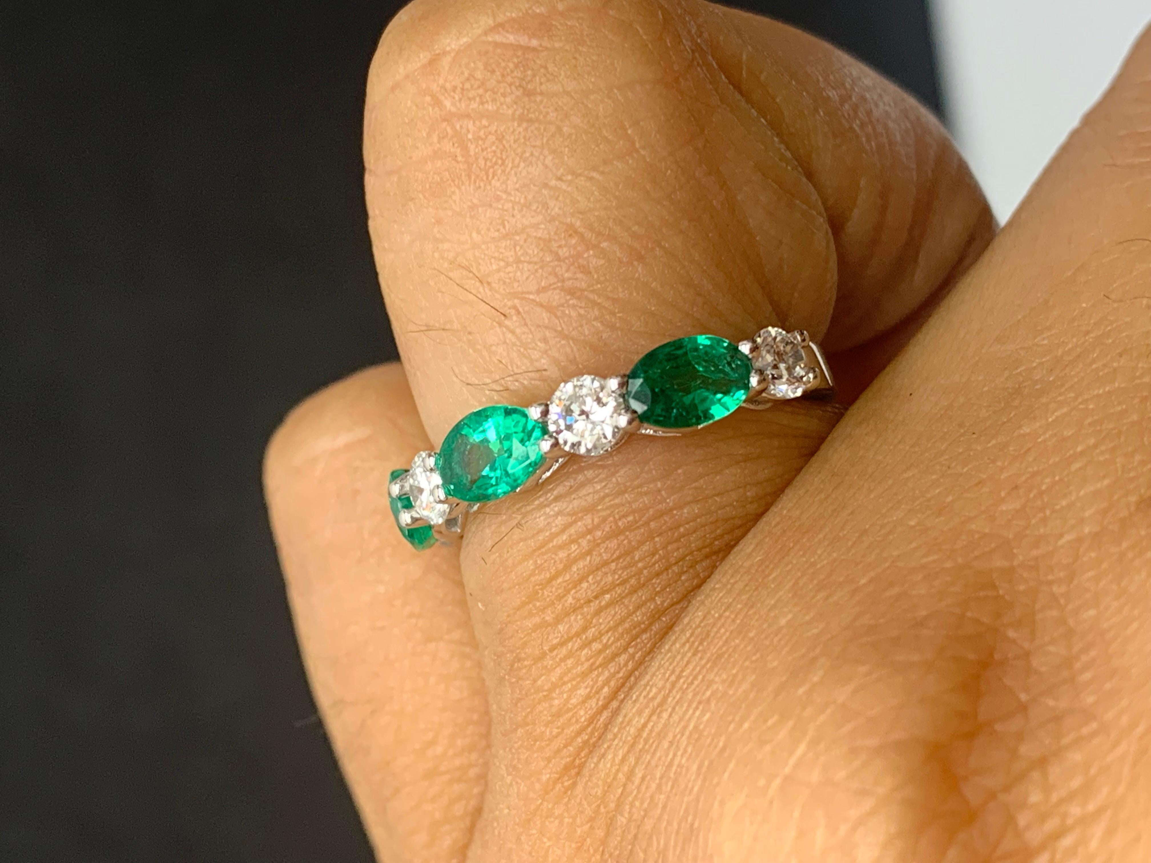 Women's 1.27 Carat Oval Cut Emerald and Diamond Band in 14K White Gold For Sale