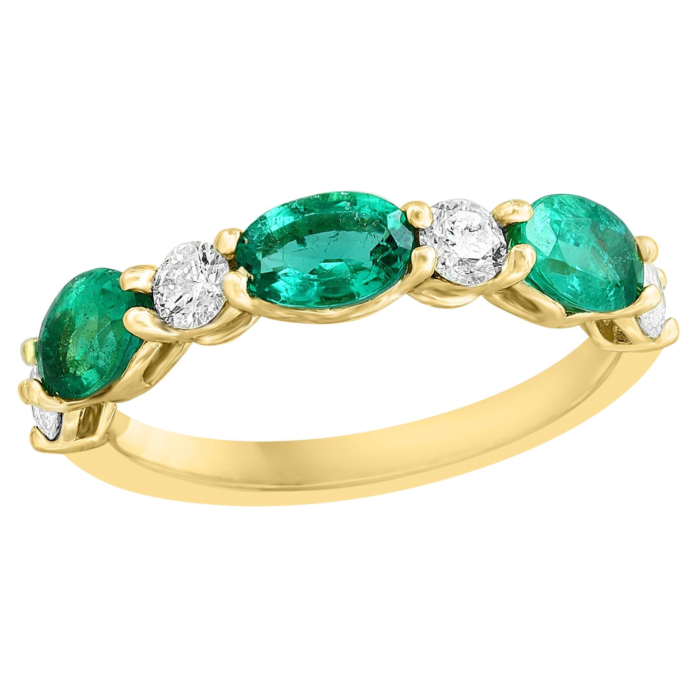 1.27 Carat Oval Cut Emerald and Diamond Band in 14K Yellow Gold For Sale