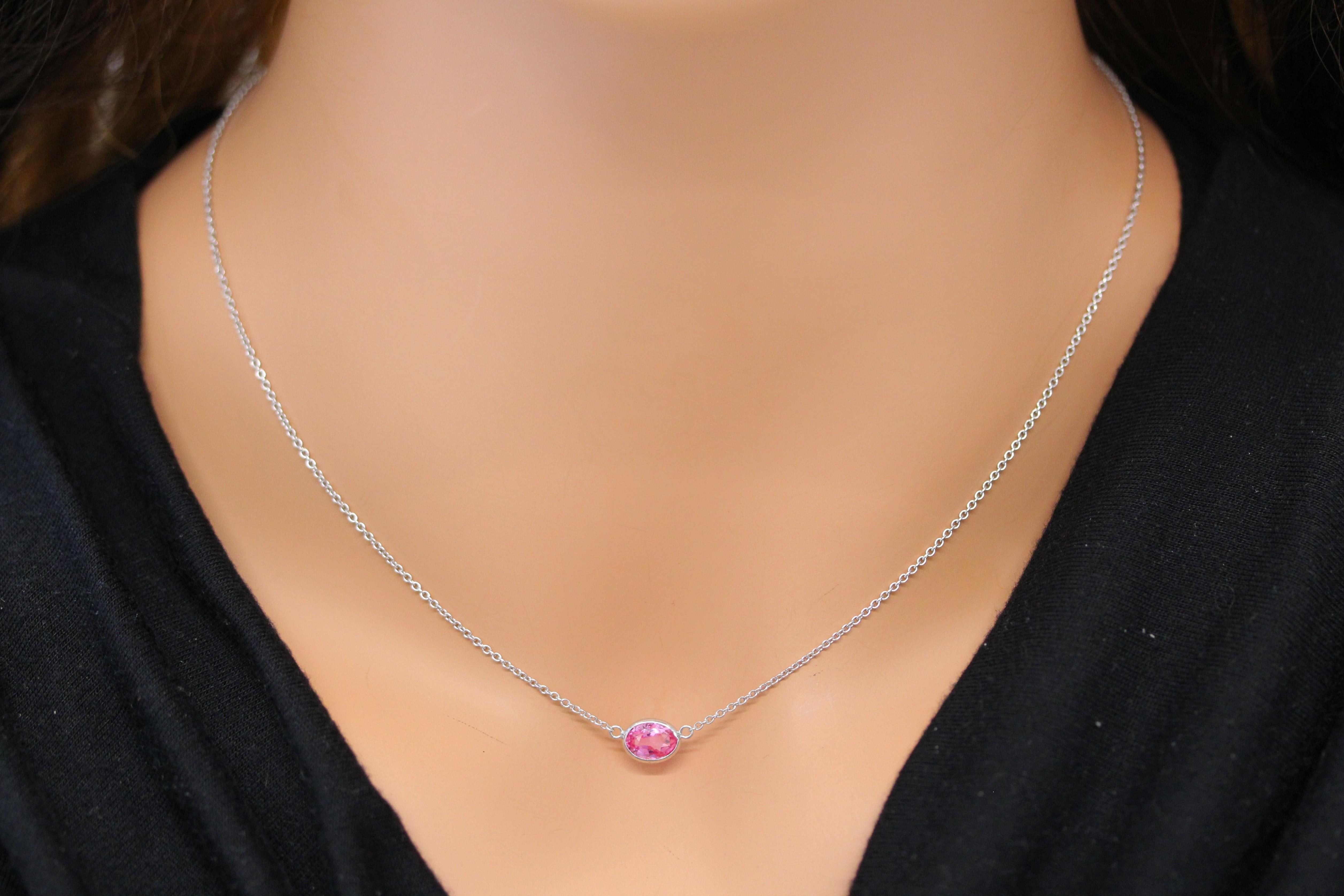 Contemporary 1.27 Carat Oval Padparadschah Pink Fashion Necklaces In 14k White Gold For Sale