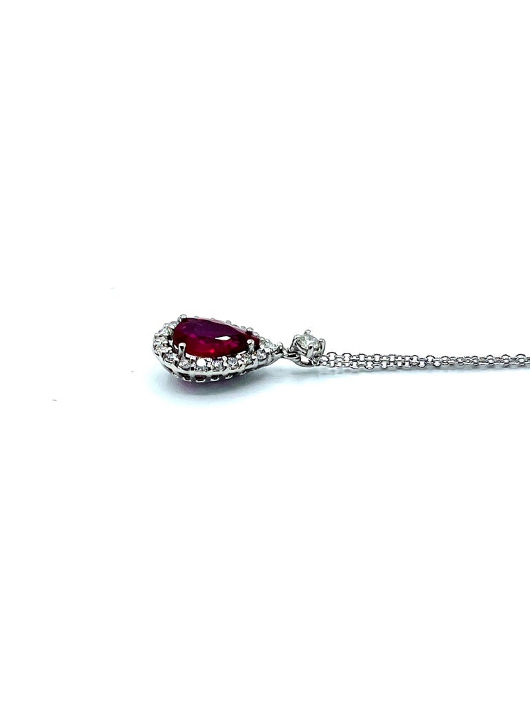 1.27 Carat Pear Shape Ruby and Diamond Platinum Pendant Necklace In New Condition For Sale In Chevy Chase, MD