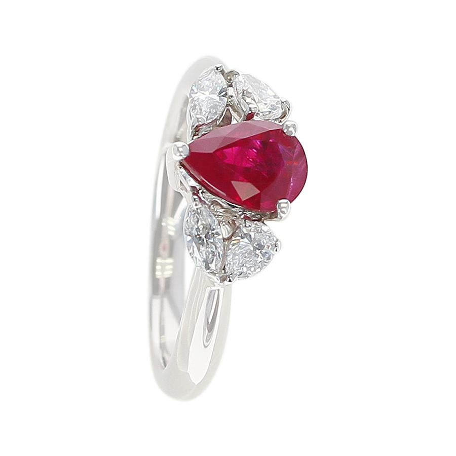 Women's or Men's 1.27 Carat Pear Shape Ruby and Diamond Three-Stone Engagement Ring, Platinum For Sale