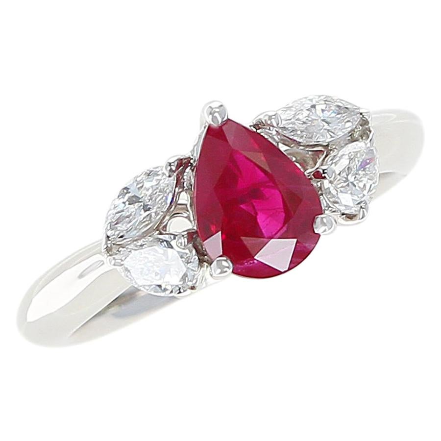 1.27 Carat Pear Shape Ruby and Diamond Three-Stone Engagement Ring, Platinum For Sale