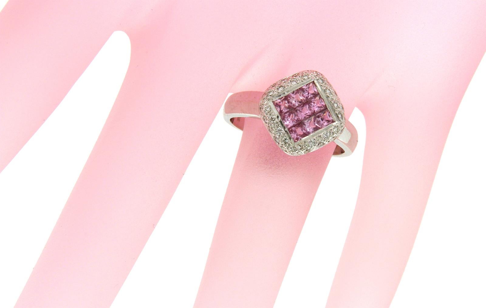 Type: Ring
Top:12.5 mm
Band Width: 3 mm
Metal: White Gold
Metal Purity: 18K
Size:6 to 9
Hallmarks: 18K
Total Weight: 5.1 Grams
Stone Type: 1.27 Natural Pink Sapphire and 0.24 Ct VS2 G Diamonds
Condition: New
Stock Number: BL11
..

Please Message Us