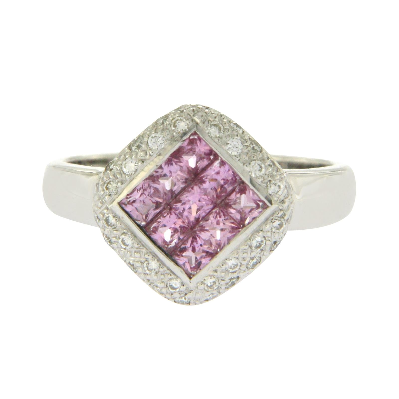 1.27 Carat Pink Sapphire and 0.24 Carat Diamonds in 18 Karat White Gold Ring For Sale 1