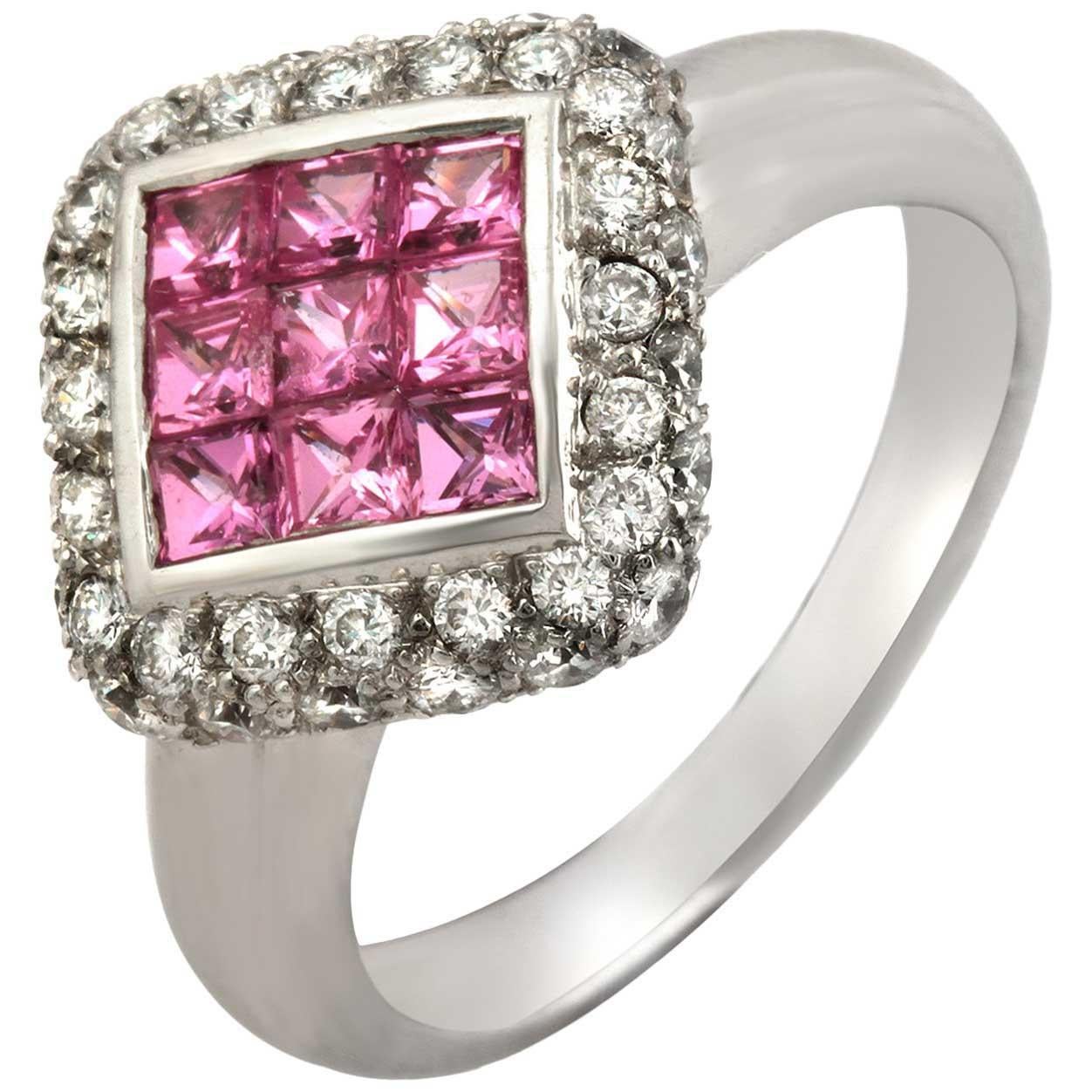 1.27 Carat Pink Sapphire and 0.24 Carat Diamonds in 18 Karat White Gold Ring For Sale