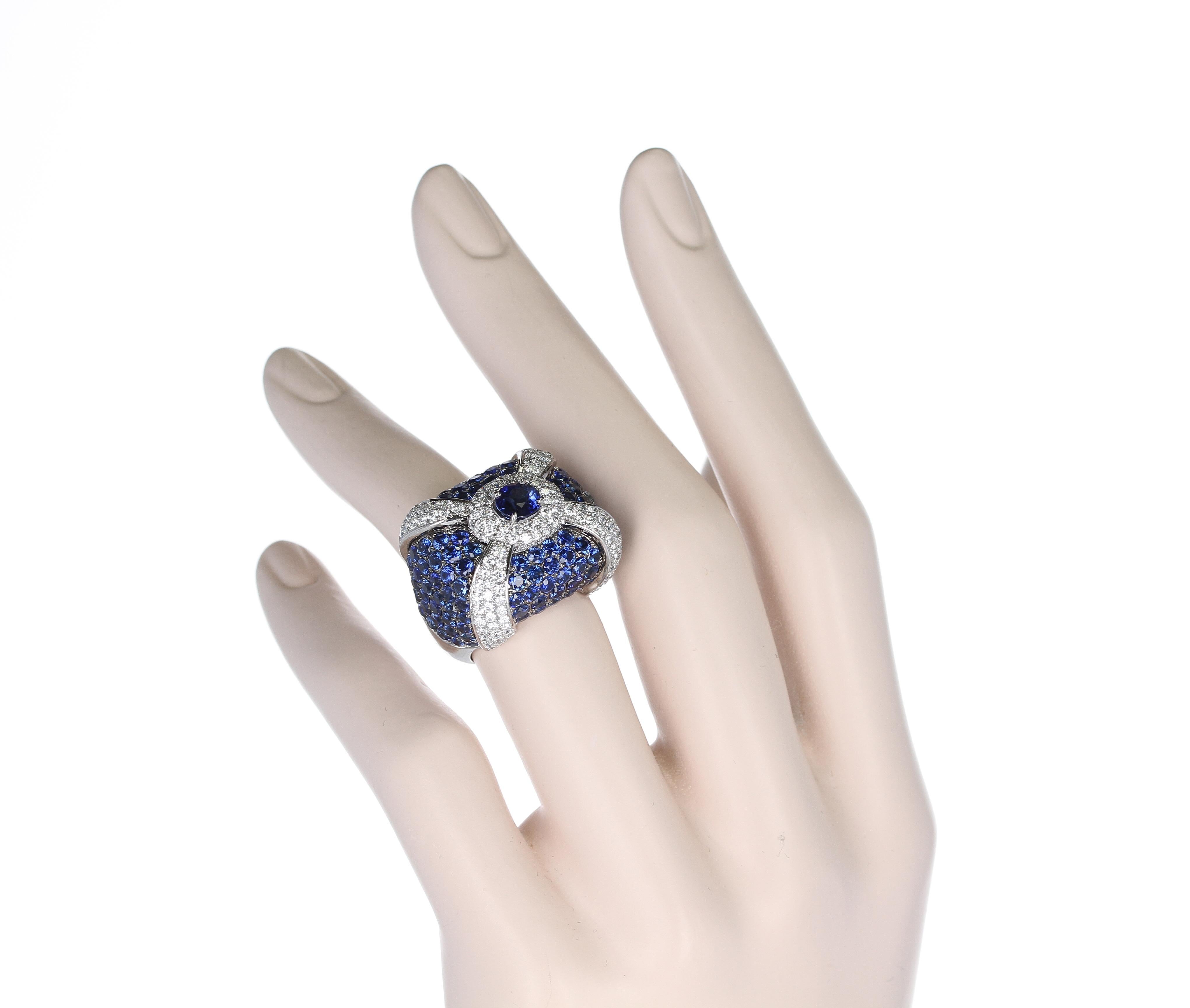 Round Cut LEVIEV Sapphire Cocktail Ring with Pave Sapphires and Diamonds, 18K Gold For Sale