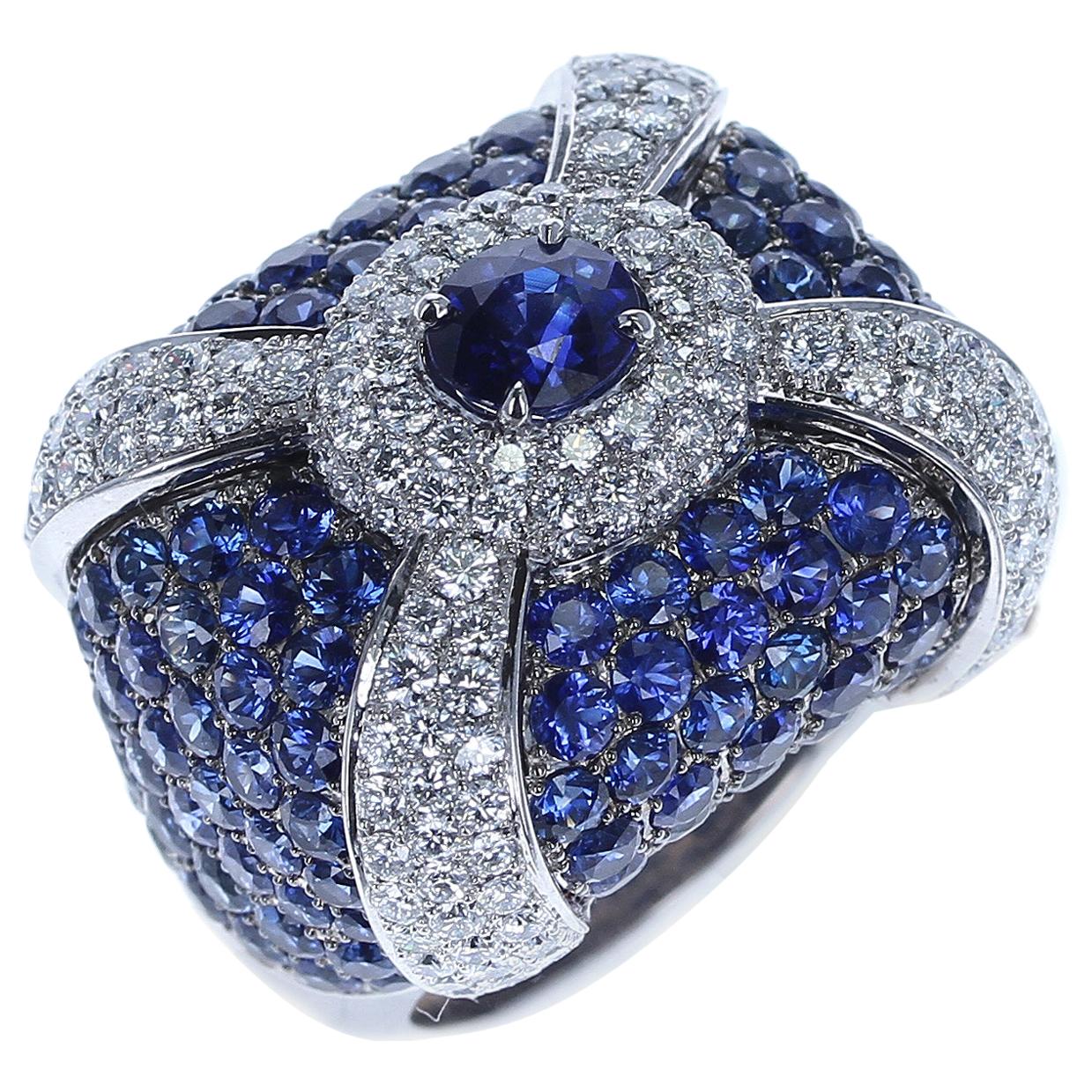 LEVIEV Sapphire Cocktail Ring with Pave Sapphires and Diamonds, 18K Gold