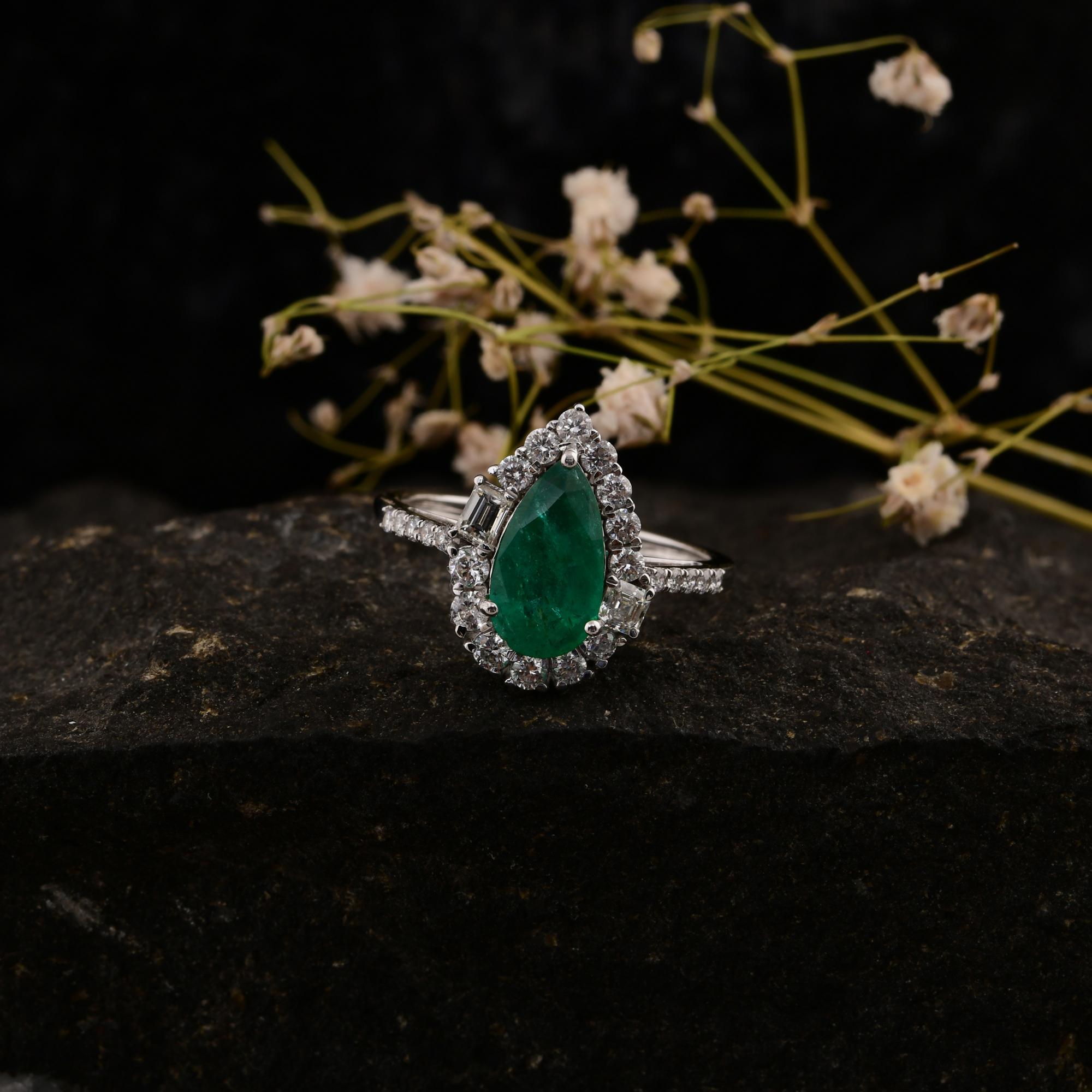 Pear Cut 1.27 Carat Zambian Emerald Gemstone Ring 0.67 Ct SI/H Diamond 14k White Gold For Sale