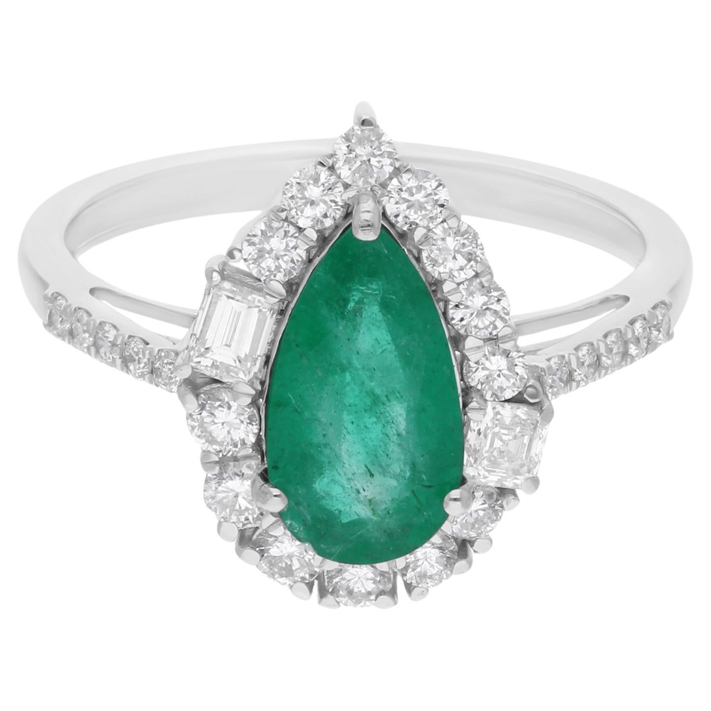 1.27 Carat Zambian Emerald Gemstone Ring 0.67 Ct SI/H Diamond 14k White Gold