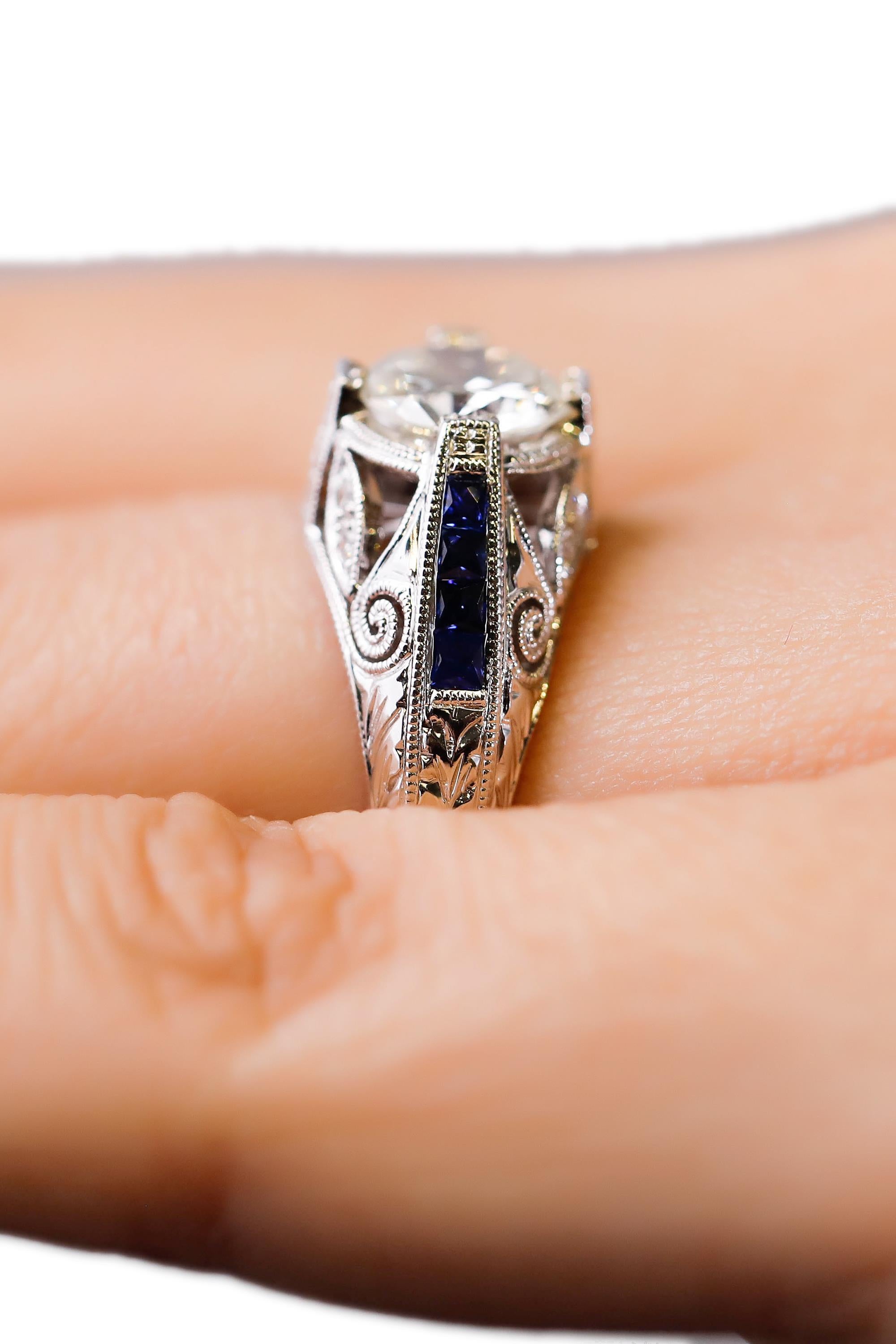 Art Deco 1.27 Carat Diamond and Sapphire Halo Ring 18 Karat White Gold Fine For Sale
