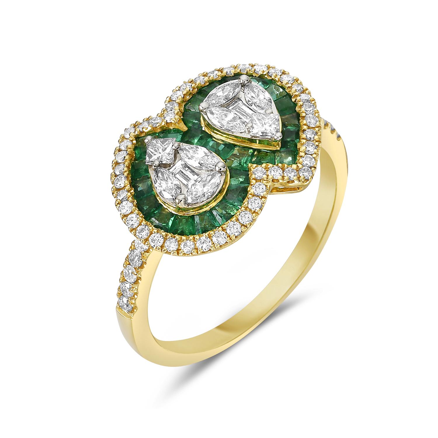 Art Deco 1.27 ct Emerald Channel Setting Twin Ring With Diamonds Made In 18k Yellow Gold  For Sale
