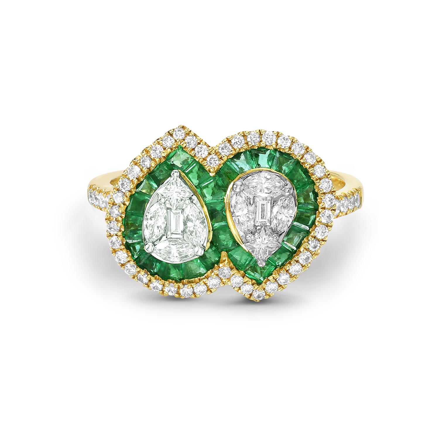 Mixed Cut 1.27 ct Emerald Channel Setting Twin Ring With Diamonds Made In 18k Yellow Gold  For Sale