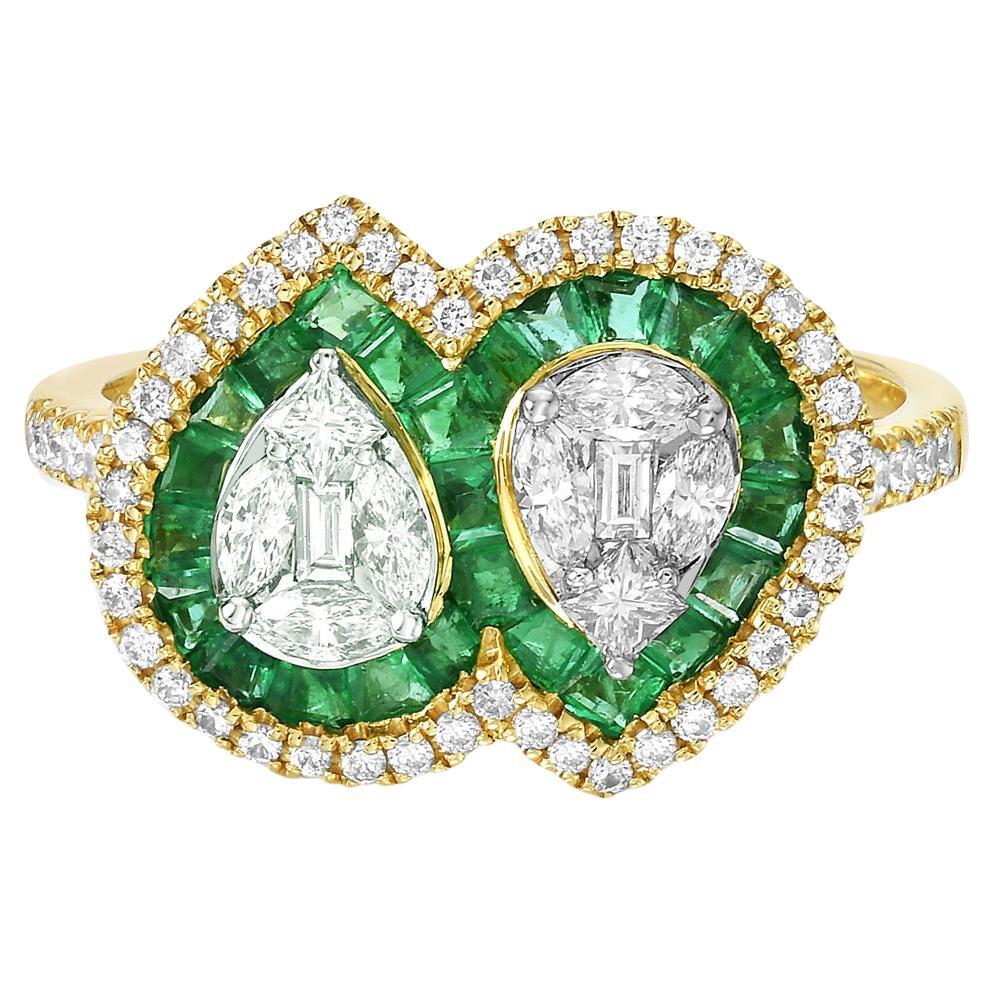 1.27 ct Emerald Channel Setting Twin Ring With Diamonds Made In 18k Yellow Gold  For Sale