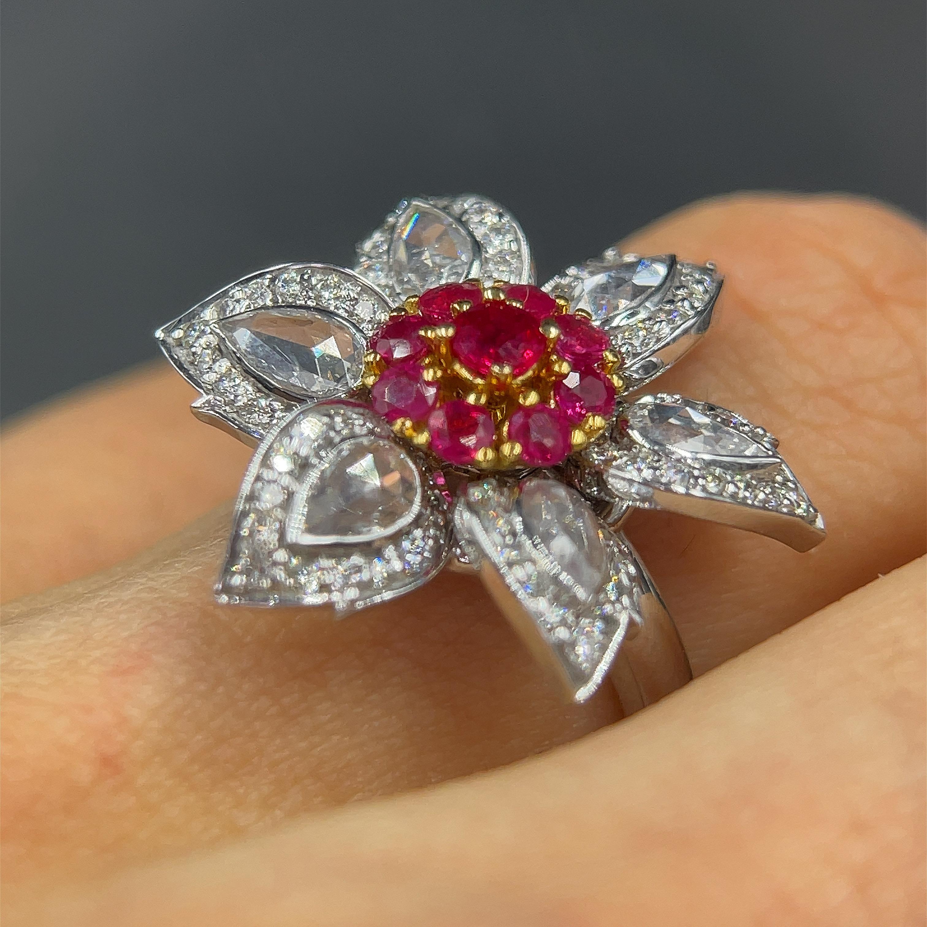 1.27 Rose Cut Diamond Ring & 0.71 Carat Natural Burmese Ruby Floral Ring In New Condition In New York, NY