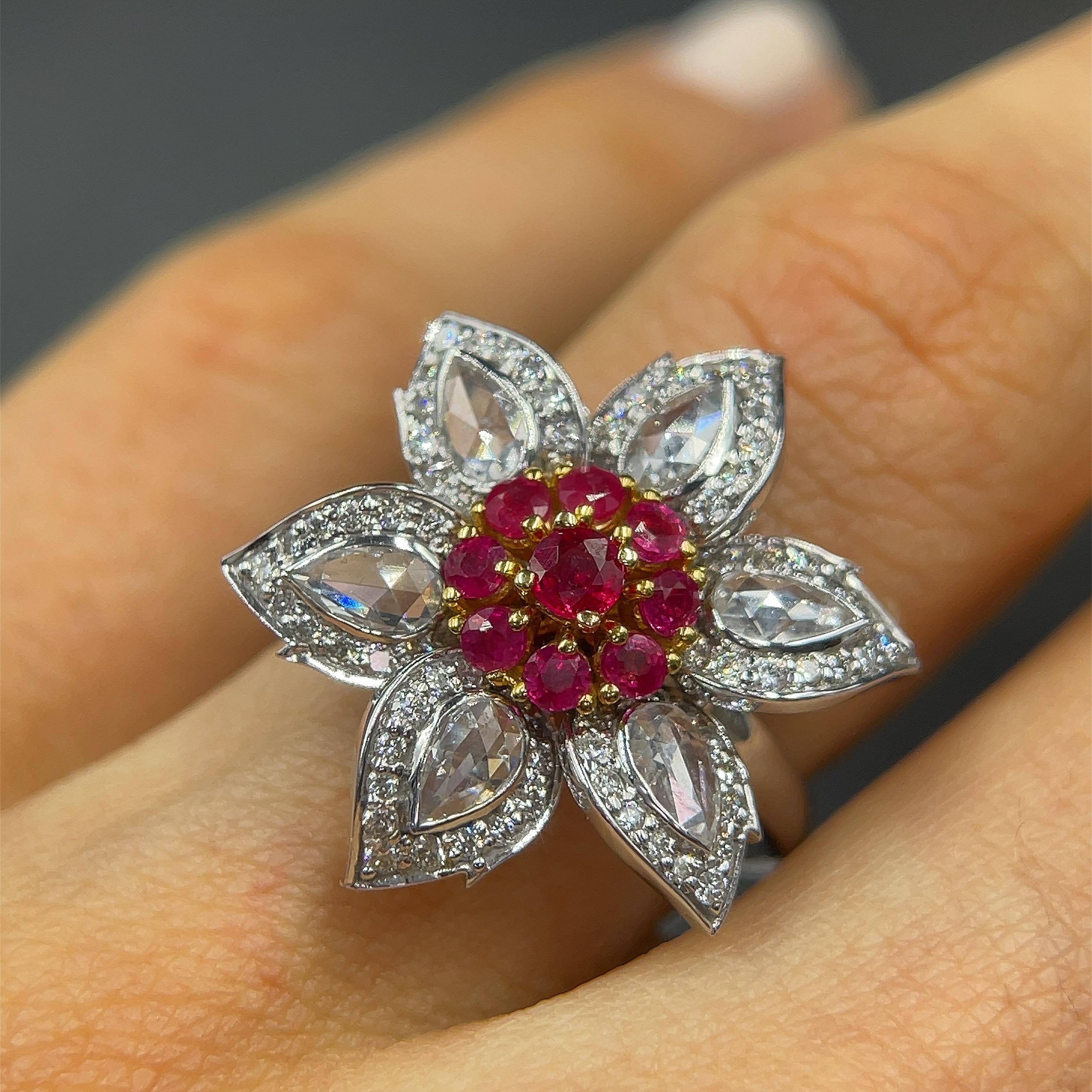 Women's or Men's 1.27 Rose Cut Diamond Ring & 0.71 Carat Natural Burmese Ruby Floral Ring