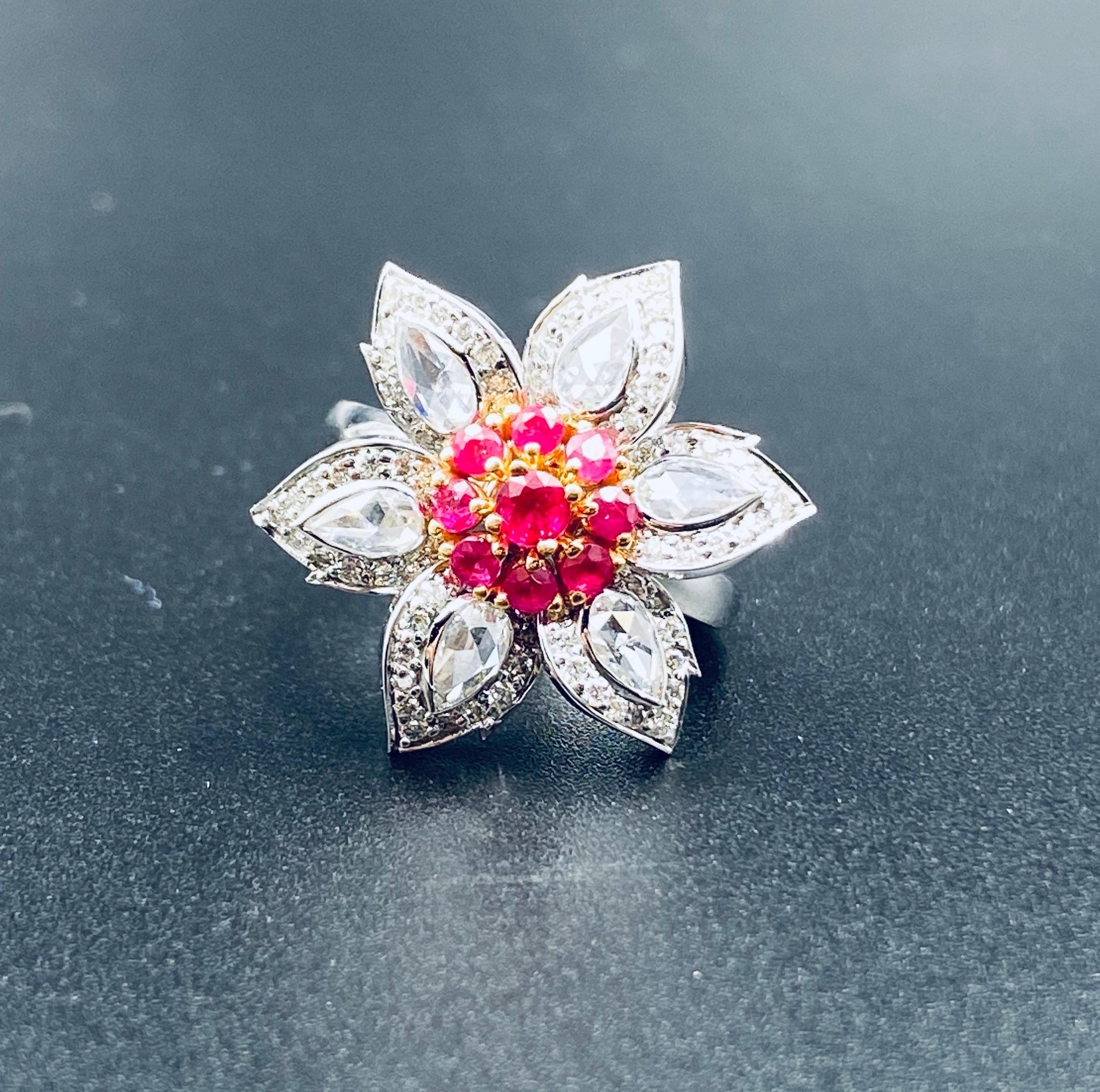 1.27 Rose Cut Diamond Ring & 0.71 Carat Natural Burmese Ruby Floral Ring 4