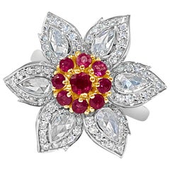 1.27 Rose Cut Diamond Ring & 0.71 Carat Natural Burmese Ruby Floral Ring