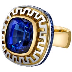 12.70 Carat Cushion Tanzanite and 2.59 Carat Blue Sapphires 18 Karat Gold Ring