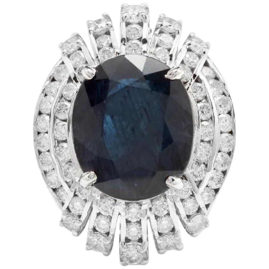 12.70 Carat Exquisite Natural Blue Sapphire and Diamond 14 Karat Solid Gold