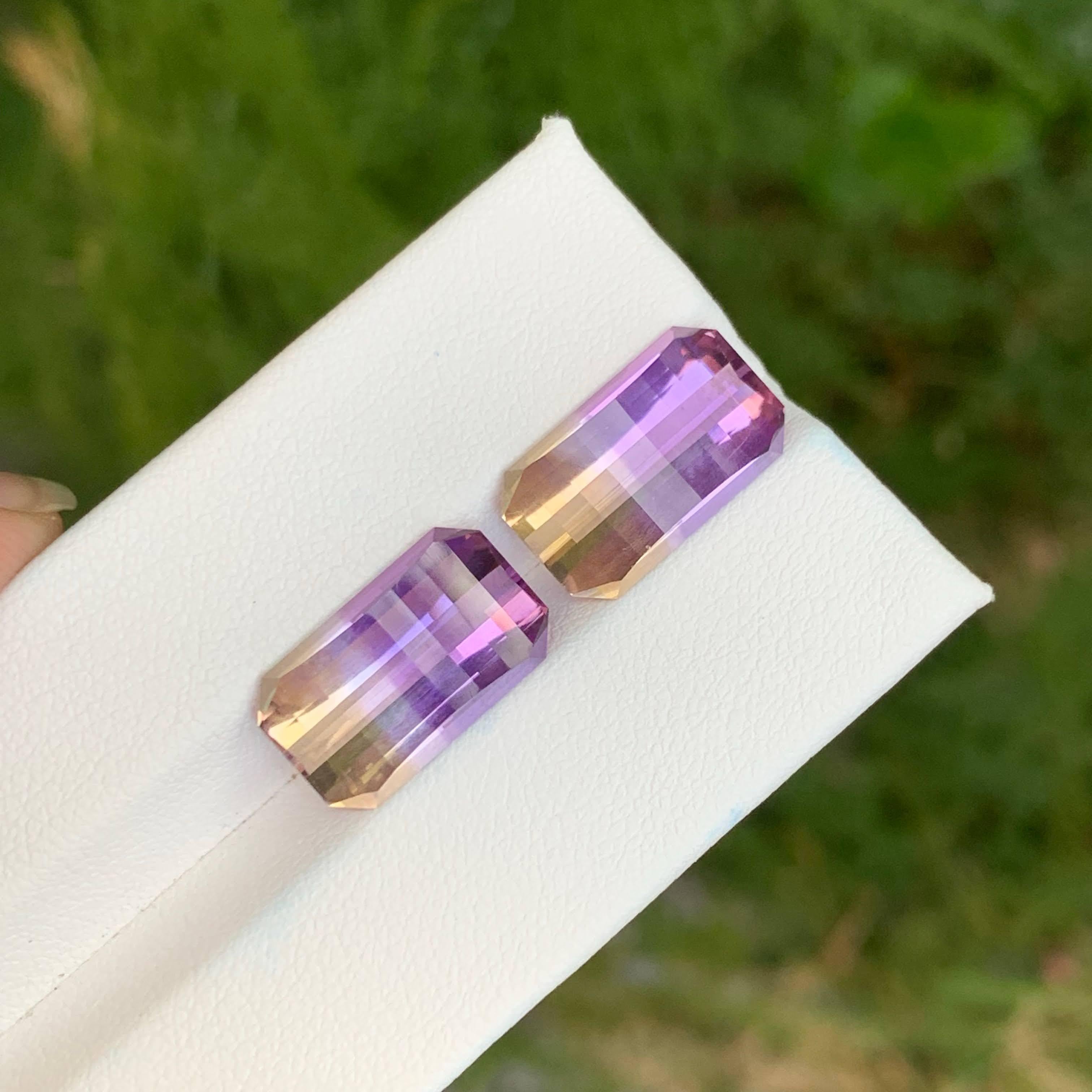 Modern 12.70 Carat Loose Bicolor Ametrine Pair Pixel Cut Natural Brazilian Gemstones For Sale
