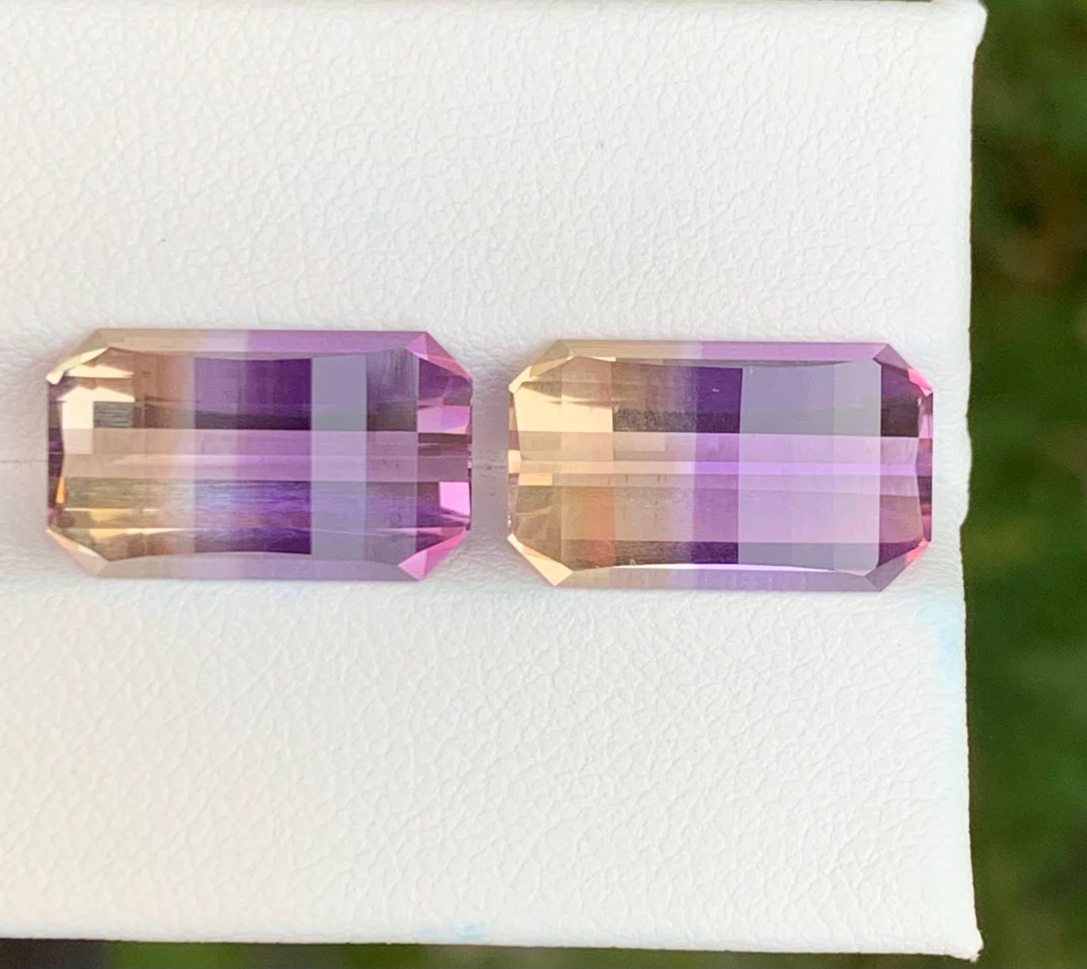 Mixed Cut 12.70 Carat Loose Bicolor Ametrine Pair Pixel Cut Natural Brazilian Gemstones For Sale