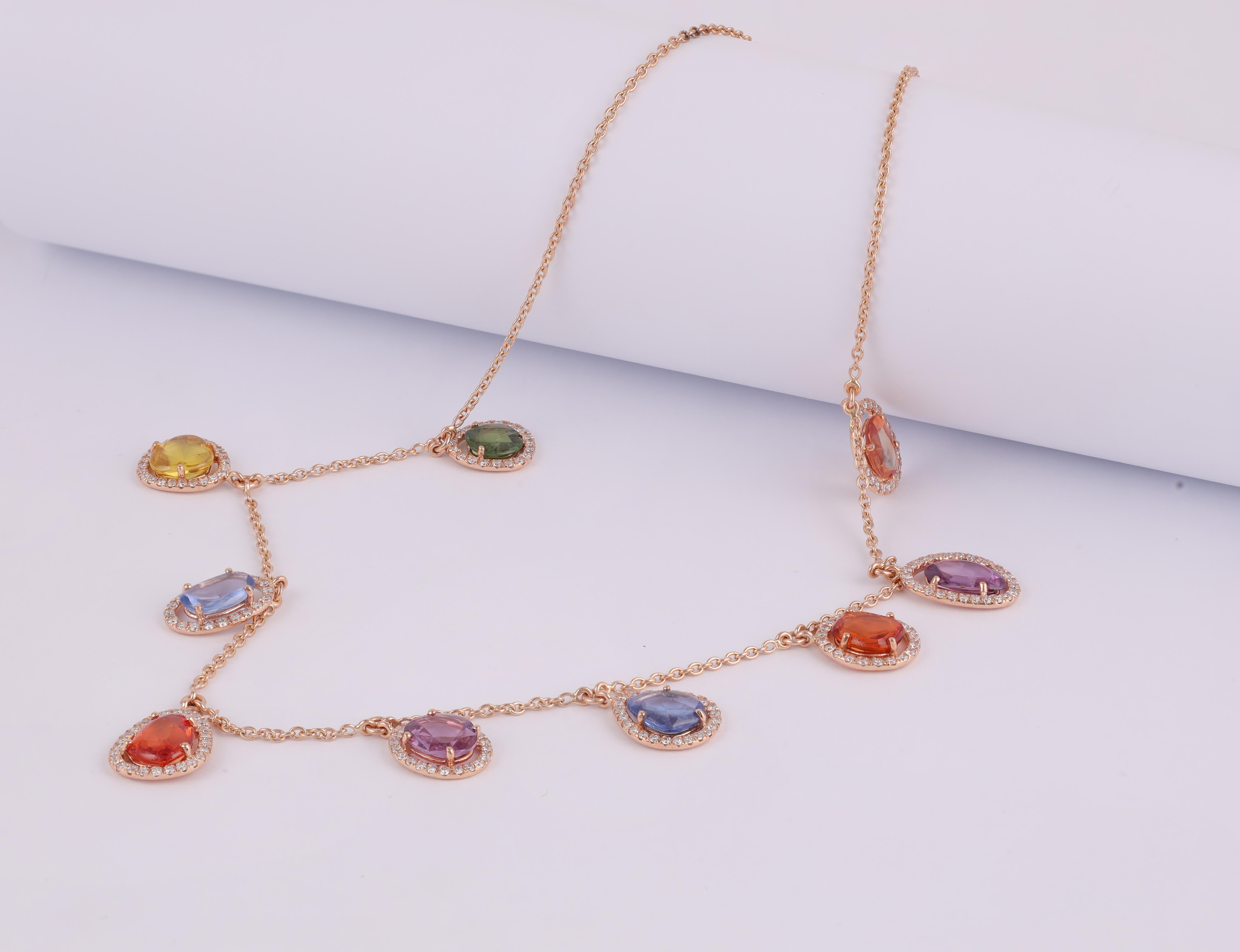 Modernist 12.70 Carat Multi-Colors Rainbow Sapphires & Diamond Chain Necklace in 18k Gold For Sale