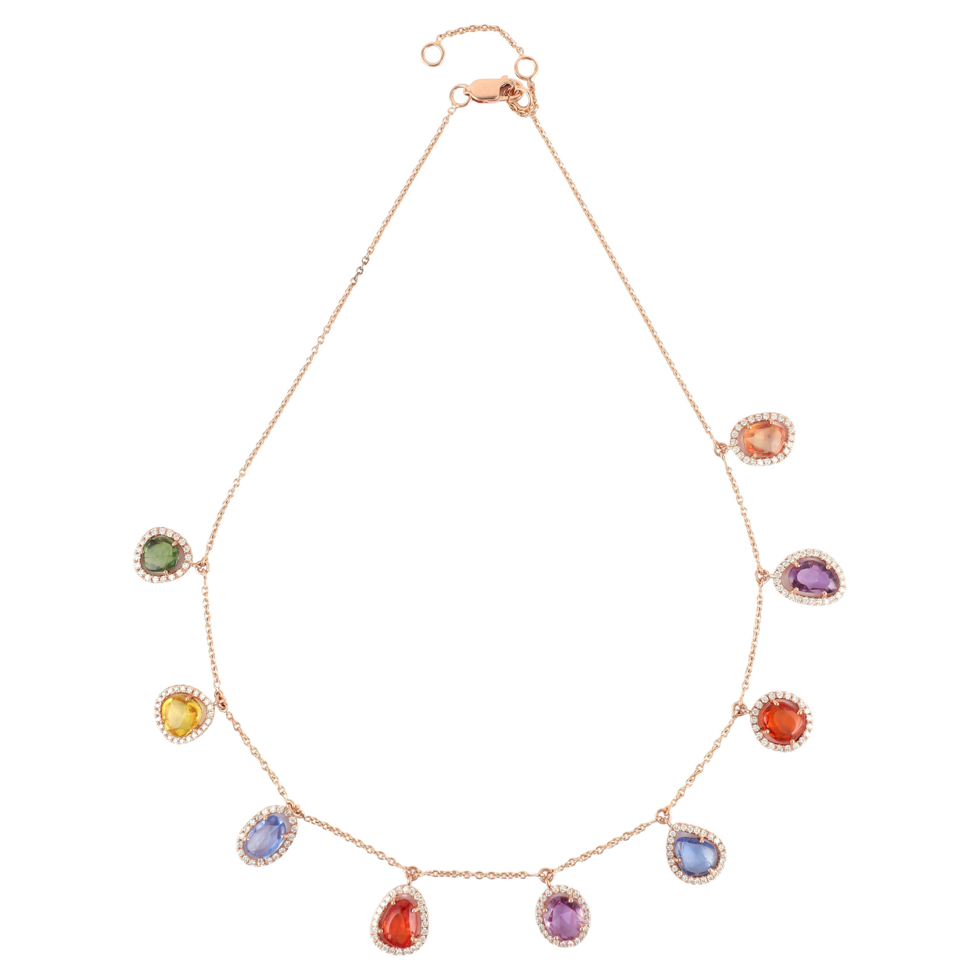 12.70 Carat Multi-Colors Rainbow Sapphires & Diamond Chain Necklace in 18k Gold For Sale