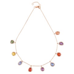 12.70 Carat Multi-Colors Rainbow Sapphires & Diamond Chain Necklace in 18k Gold