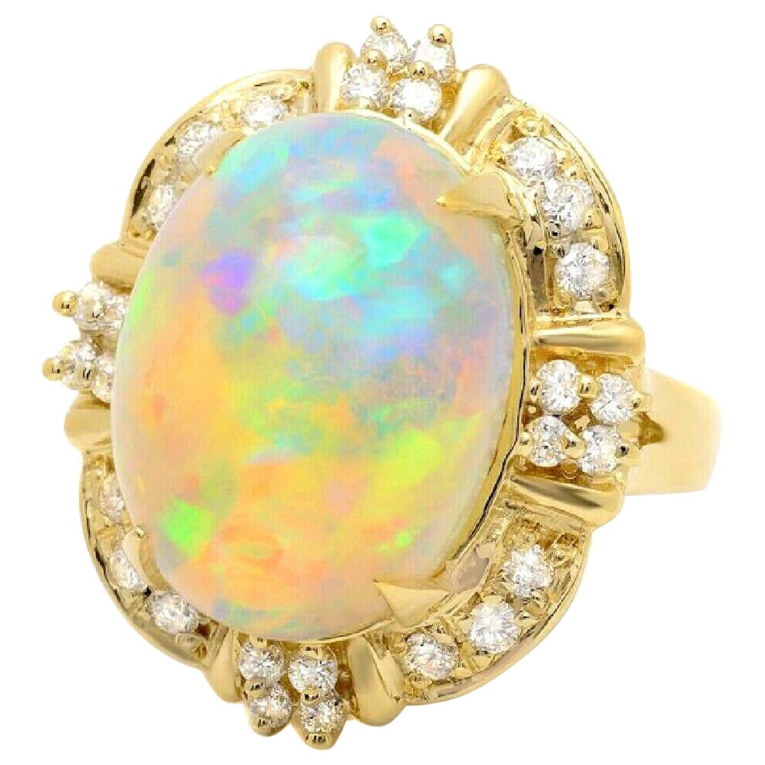 12.70 Carat Natural Ethiopian Opal and Diamond 14 Karat Solid Yellow Gold Ring For Sale