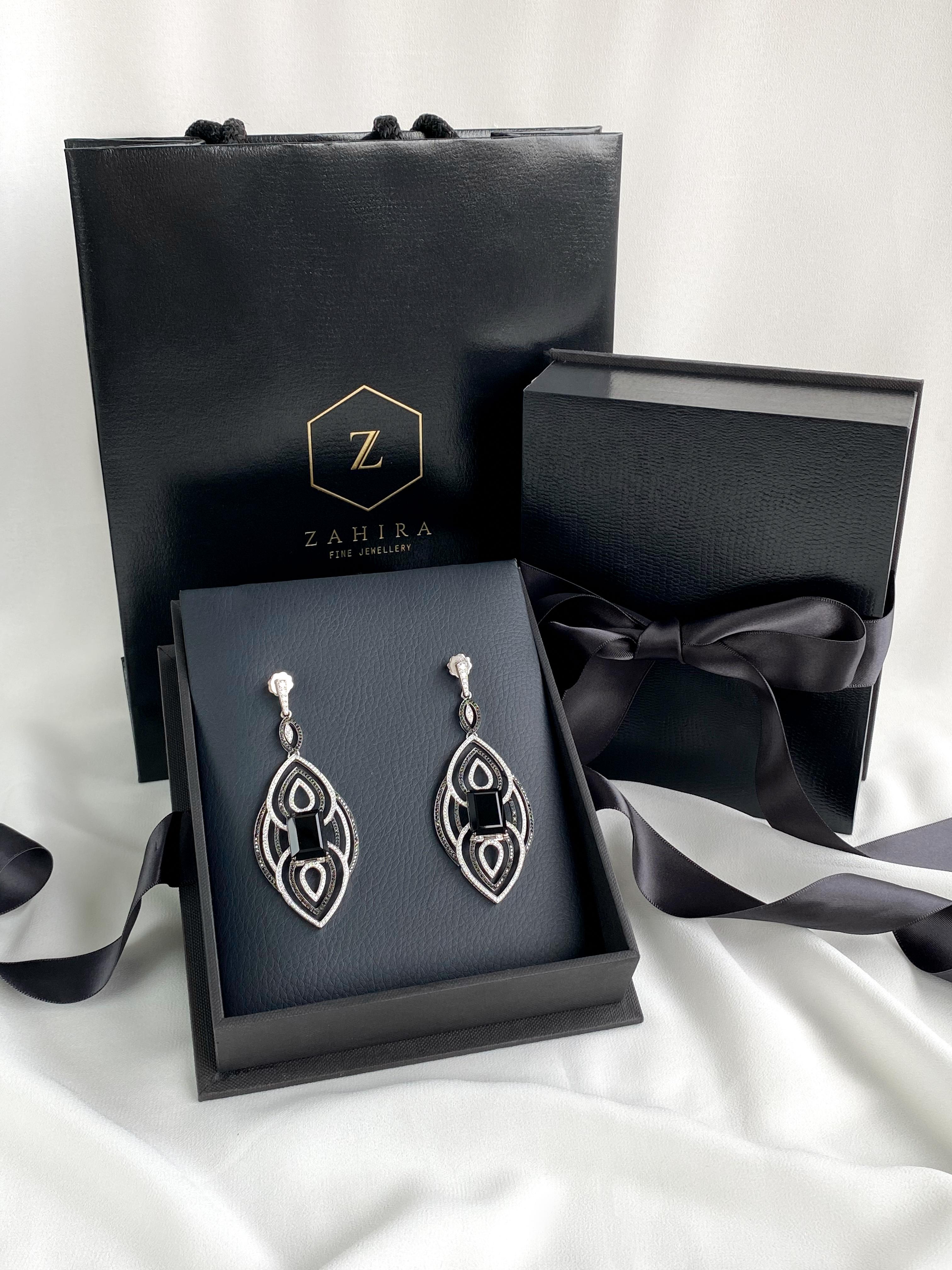 12.70 Carats Black Onyx Earrings With Black and White Diamonds in 18k White Gold 1