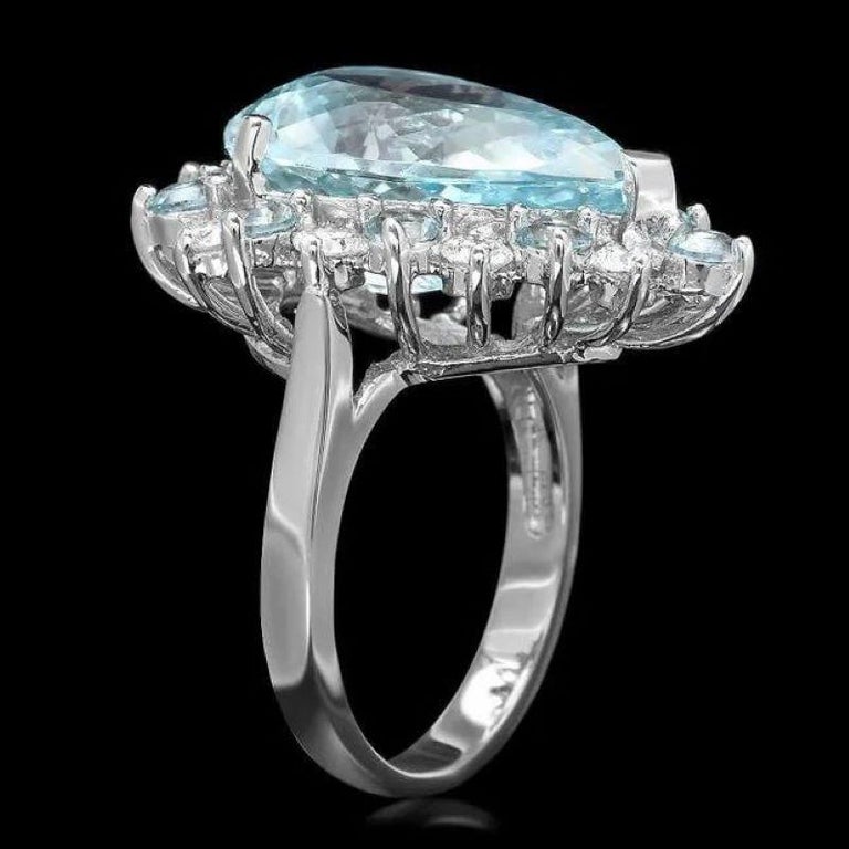 12.70 Carats Natural Aquamarine and Diamond 14K Solid White Gold Ring ...